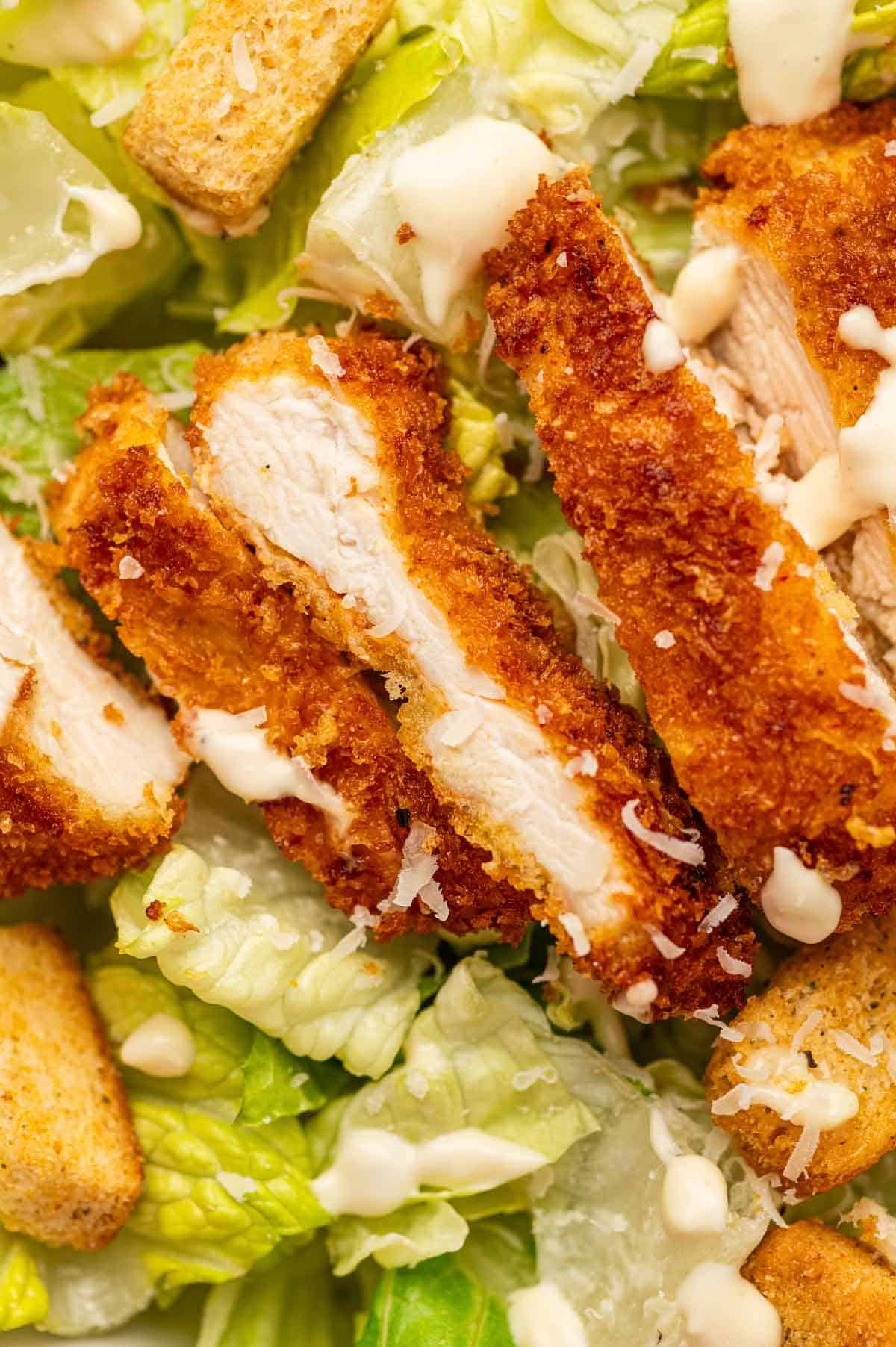 Close up shot of crispy chicken interior of the caesar chicken salad recipe.