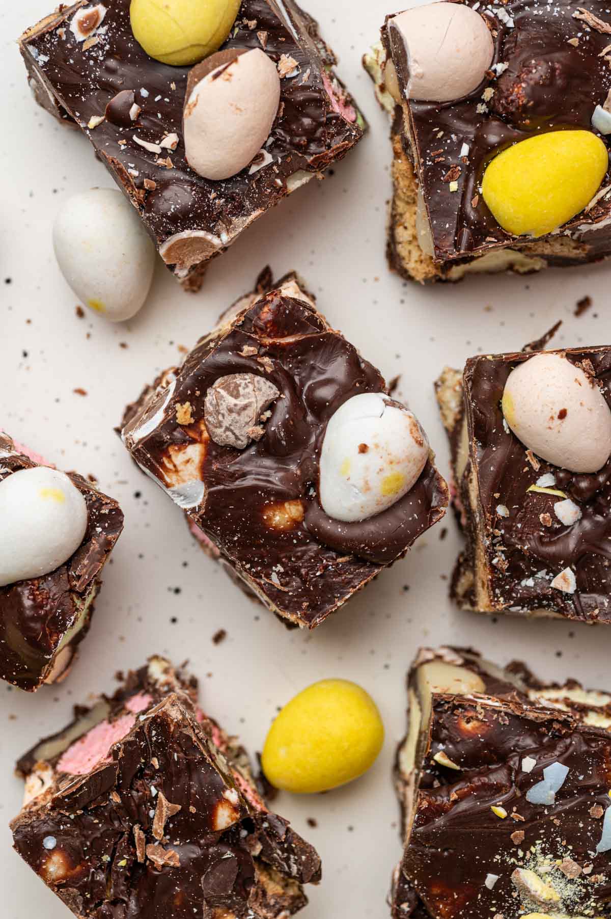 homemade Rocky Road with easter themed fudge beautifully loaded with mini marshmallows and mini eggs chocolate.