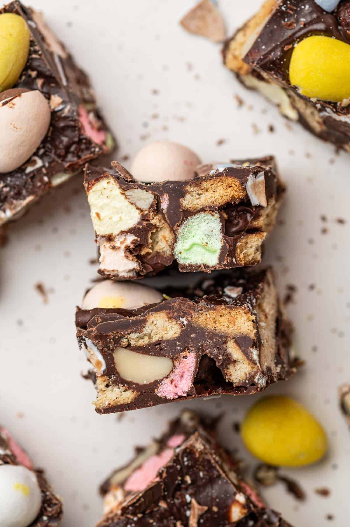 Close up shot of homemade Easter Rocky Road beautifully decorated.