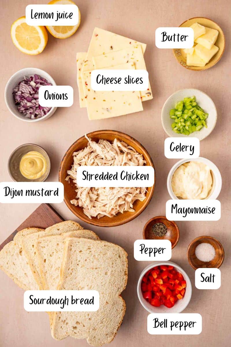 Ingredients laid out for making chicken salad melt sandwich.
