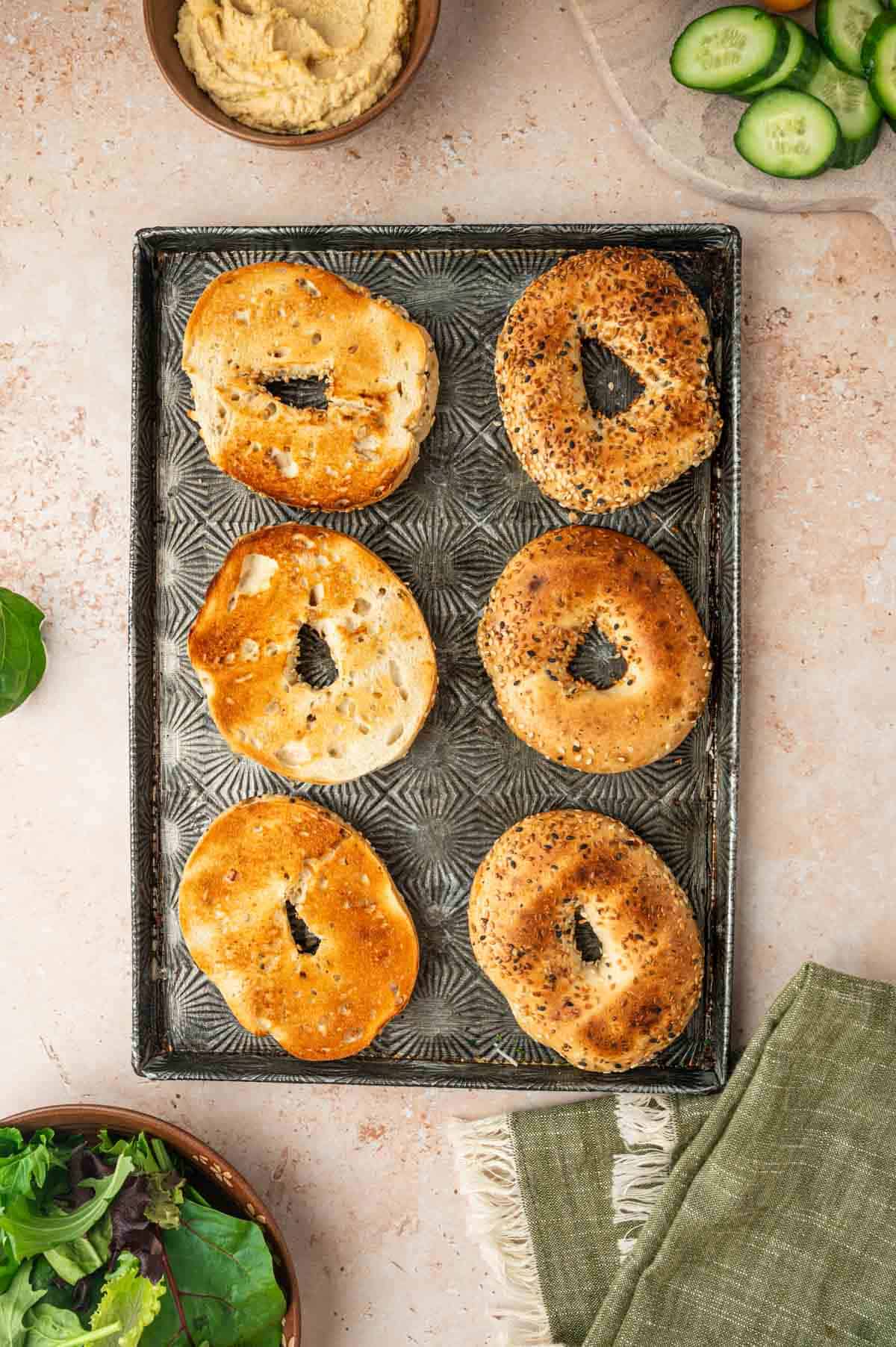 Everything bagels toased to perfection and placed on the baking tray.