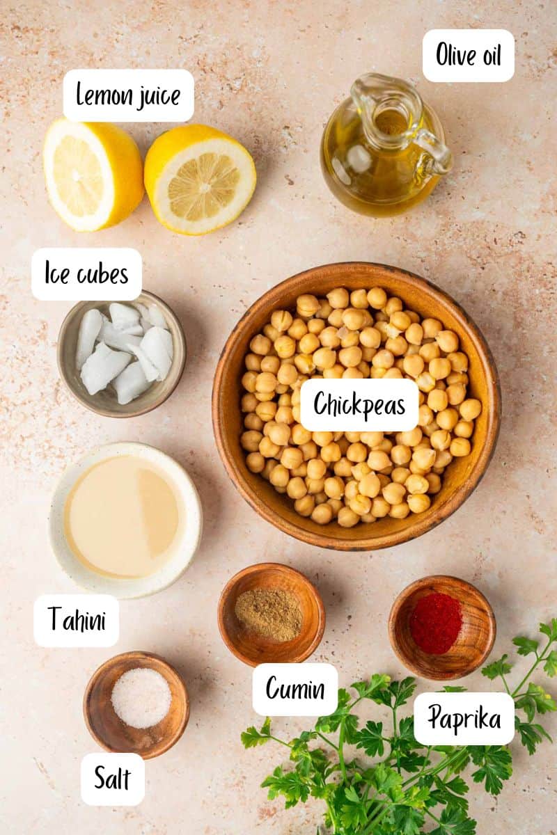Garlic-free homemade hummus ingredients laid out.