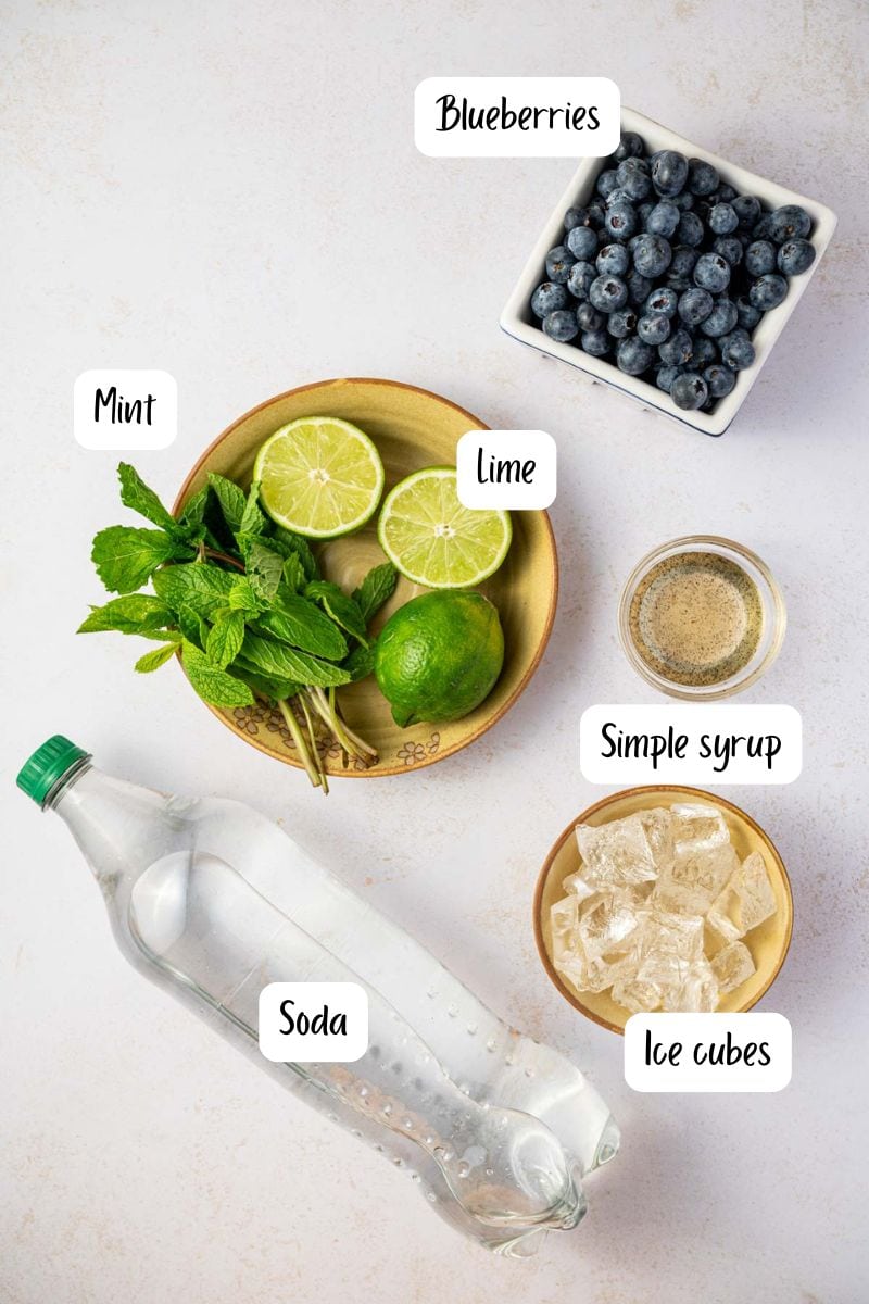 Easy homemade blueberry mojito mocktail  recipe ingredients laid out.