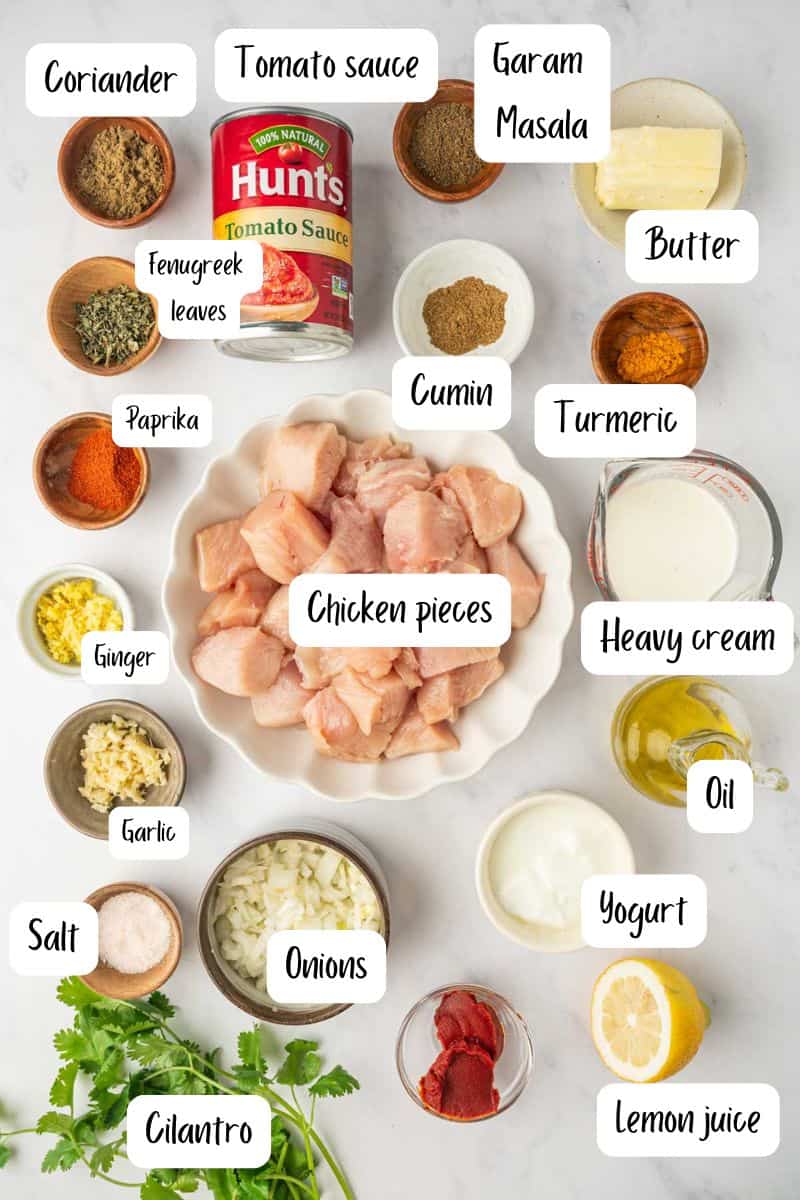 Ingredients laid out to make the authentic Indian Butter Chicken recipe.