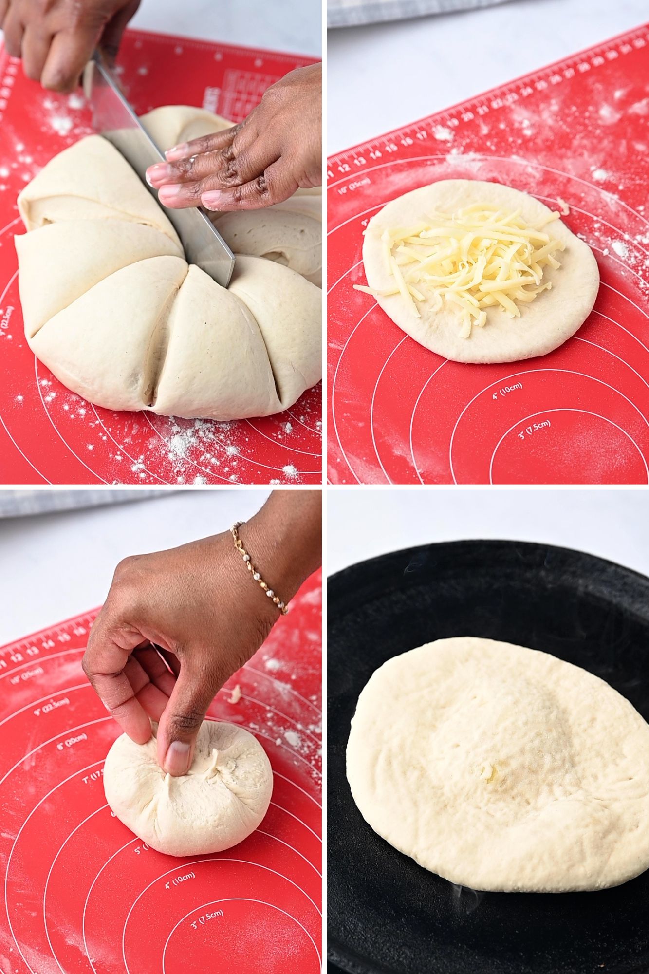 Cheese being stuffed and rolled out while making cheese naan bread.