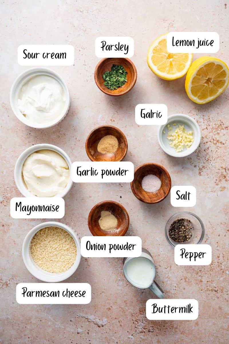 Creamy parmesan ranch dip ingredients laid out for making the recipe.