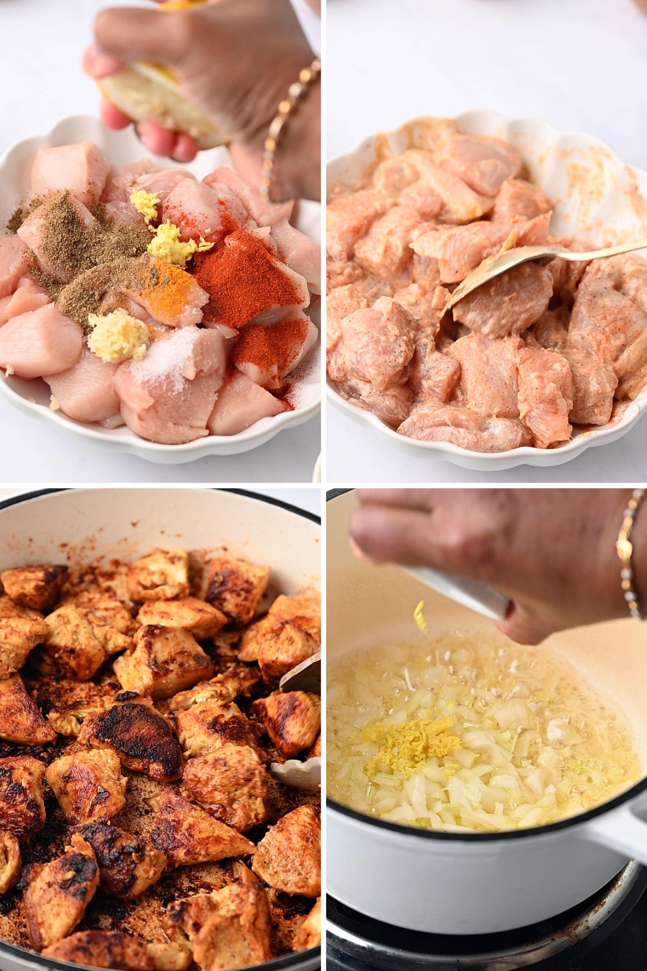 Indian butter chicken and naan making steps.