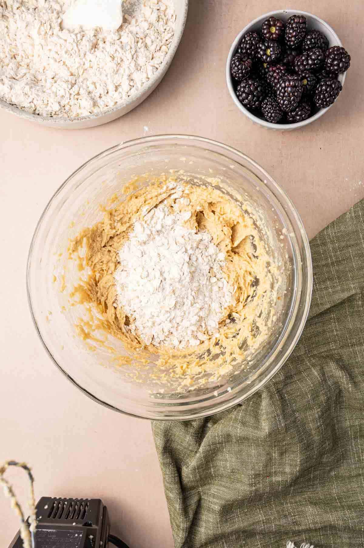 Dry ingredients being added to the butter mixture.