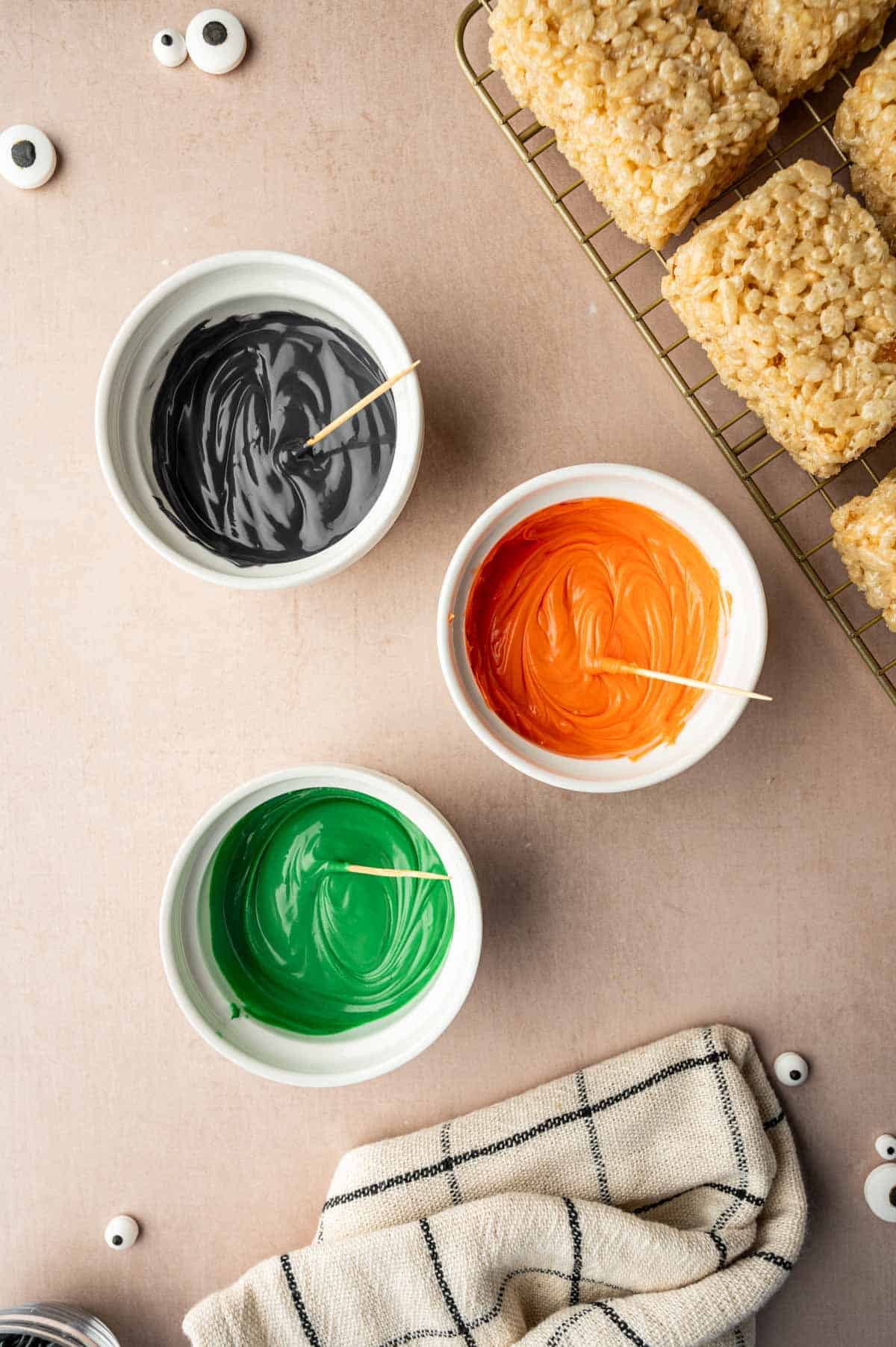 Candy melts melted into microwave safe bowl for decorating halloween treats.