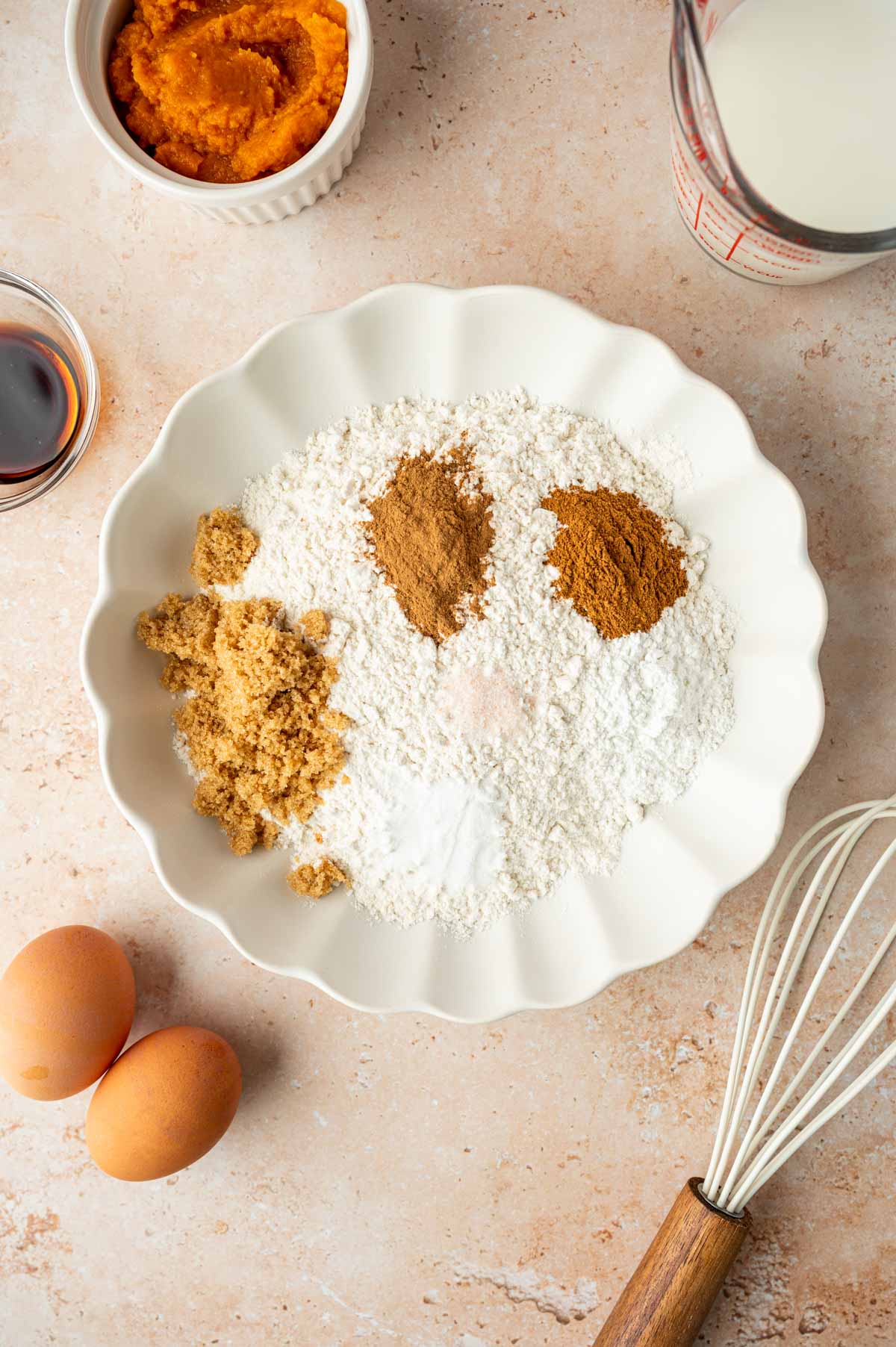 Combine the dry ingredients to make pumpkin pecan waffles.
