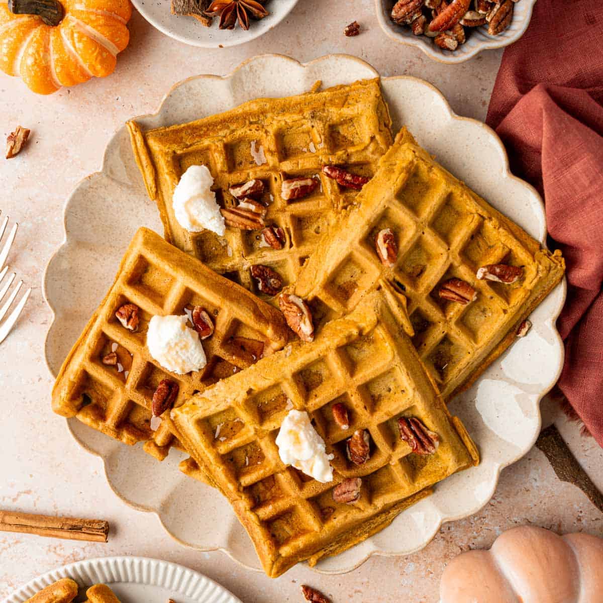 Pumpkin Pecan Waffles (Homemade waffle recipe)