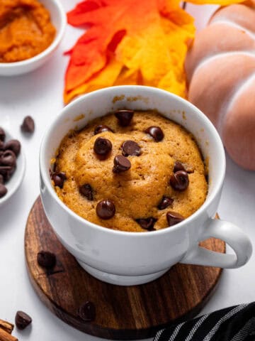 Pumpkin mug cake topped with melted chocolate chips in a white mug, quick fall dessert recipe