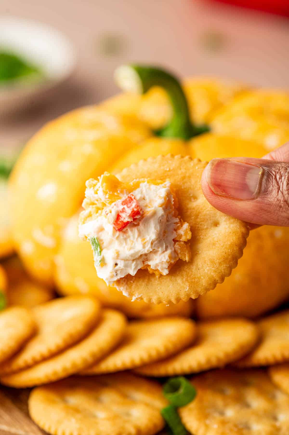 Close-up of a savory pumpkin cheese ball a bite taken in the ritz crackers