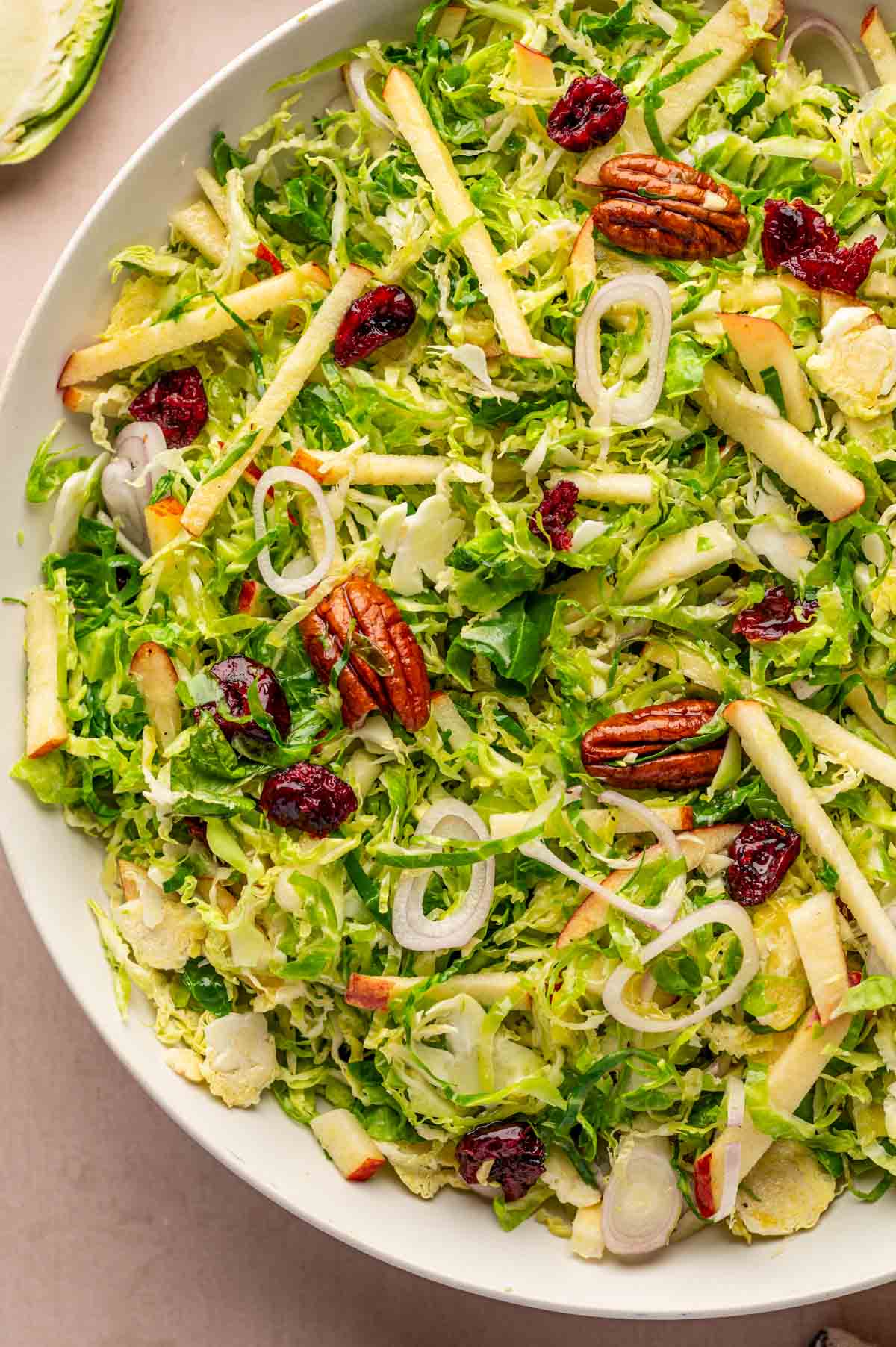 Healthy Brussels sprouts salad with maple Dijon vinaigrette, cranberries, and shallots.