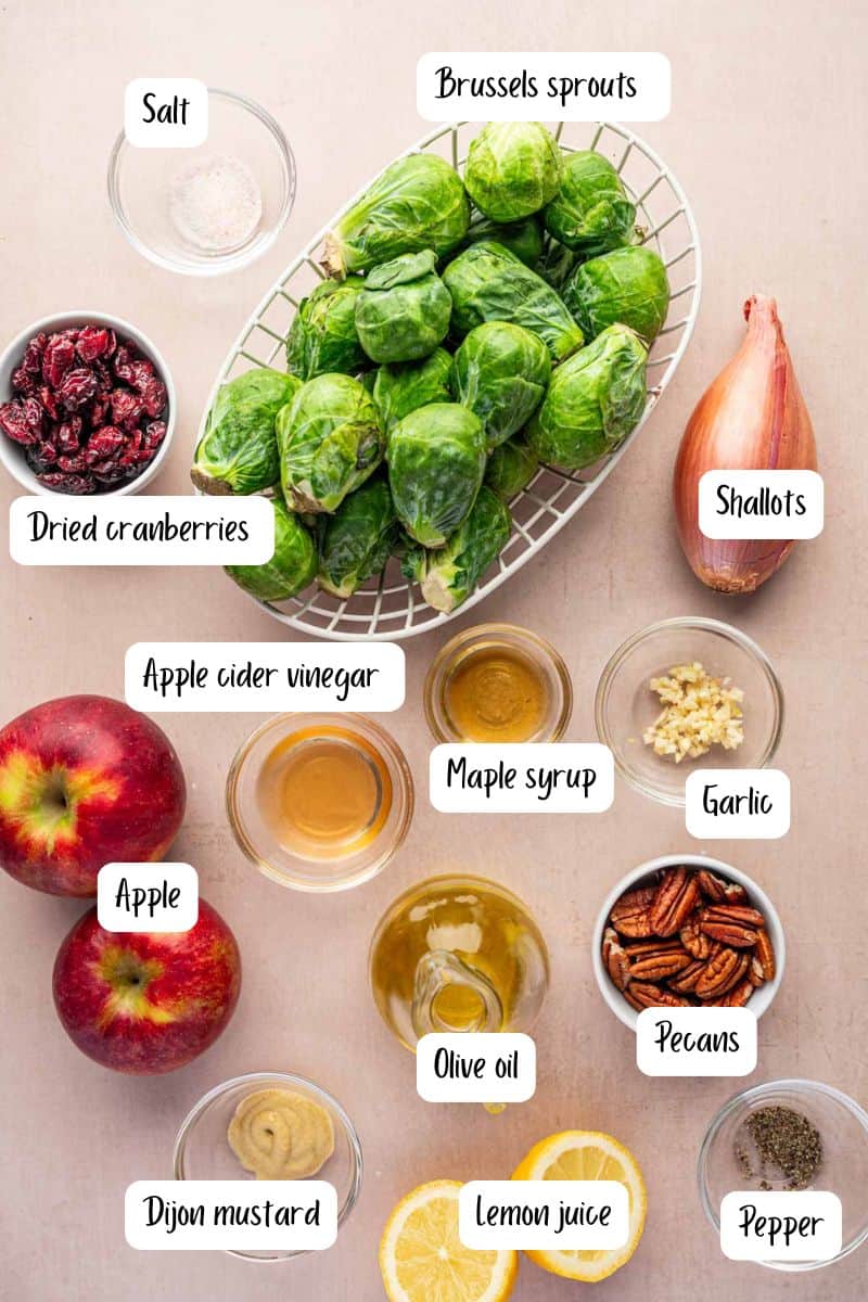 Ingredients laid out for Fresh Brussels sprouts salad.