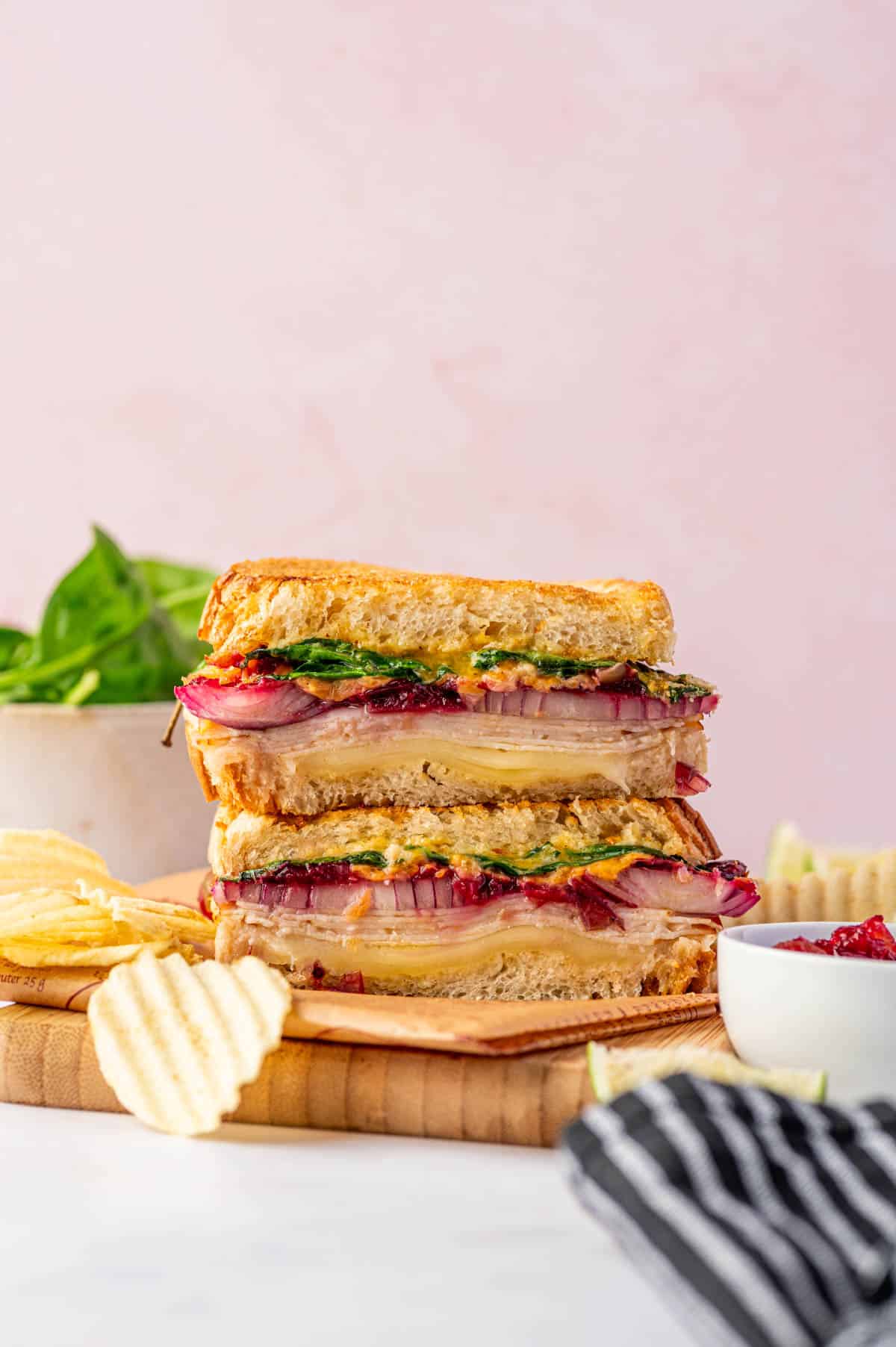 Golden, melty turkey sandwich with cranberry sauce on sourdough, cooked in an air fryer.