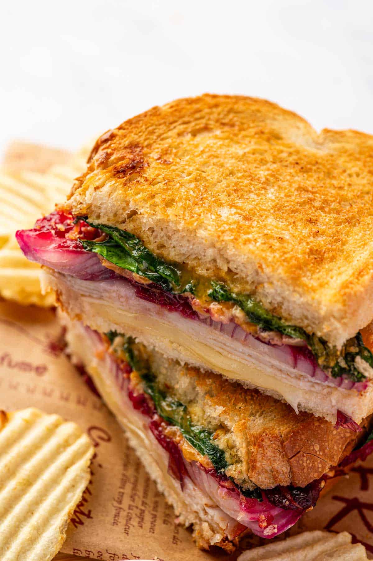 Air fryer turkey melt sandwich layered with melted cheese, leftover turkey, and tangy cranberry relish.