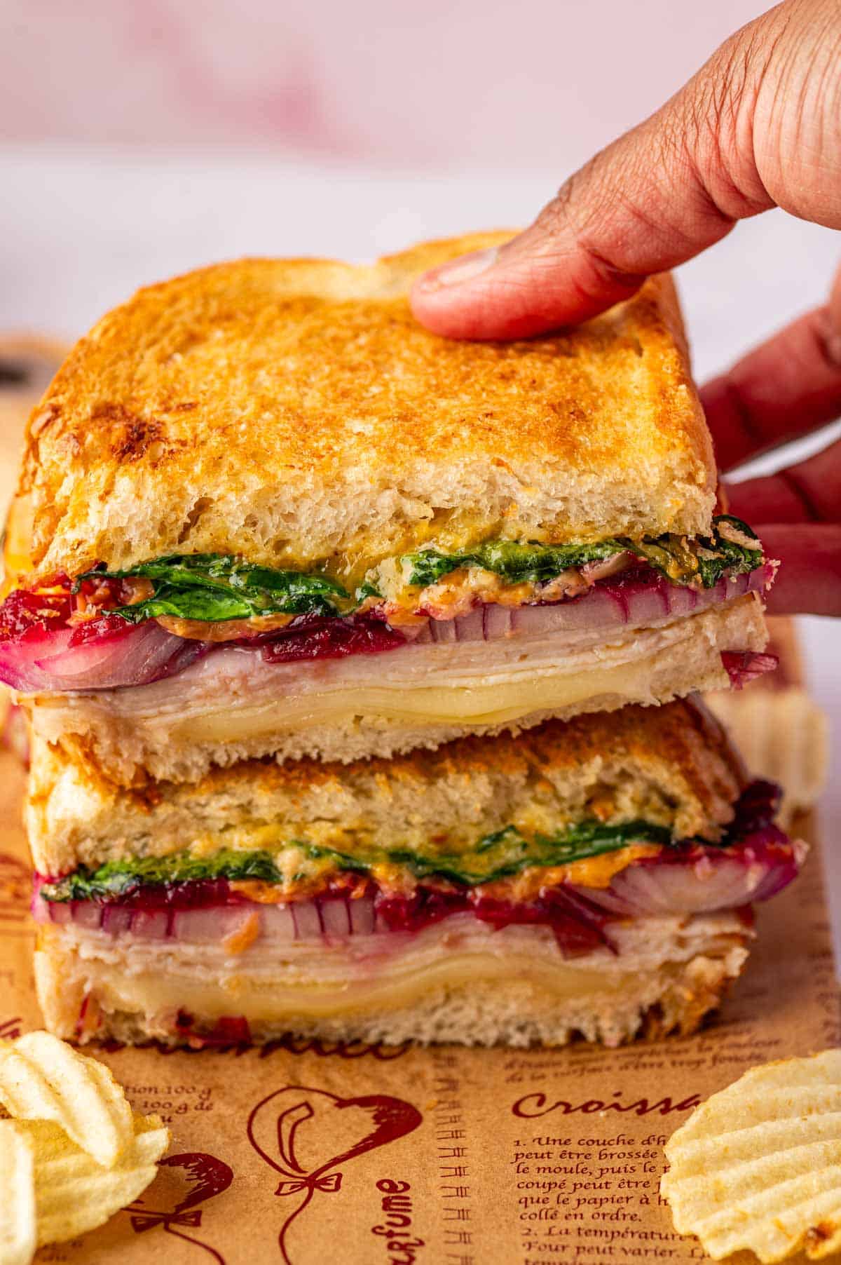 Crispy turkey melt sandwich with cranberry relish made in the air fryer, served on toasted bread.