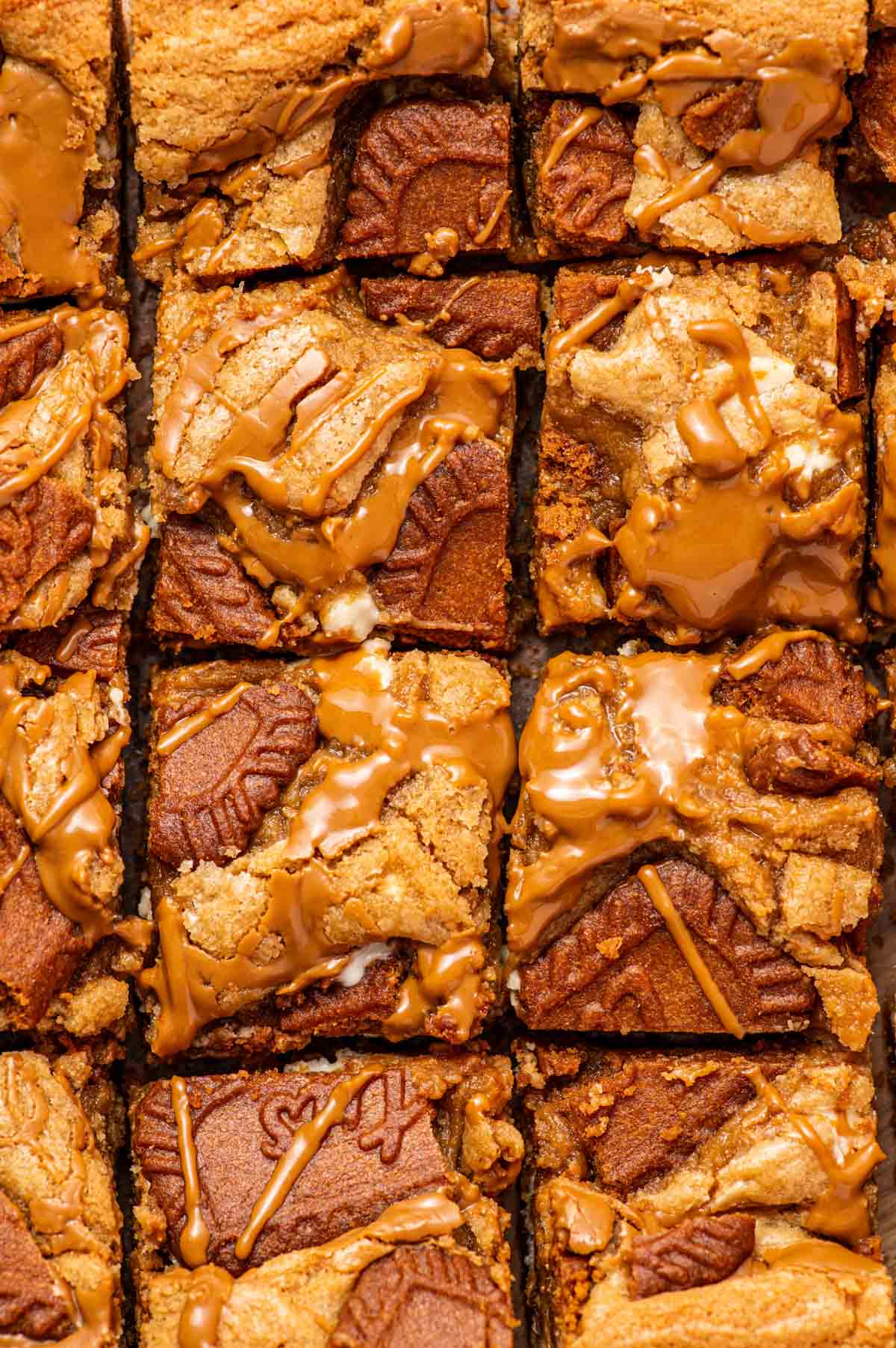 Close-up of gooey biscoff blondies topped with crushed biscoff cookies and a drizzle of cookie butter.