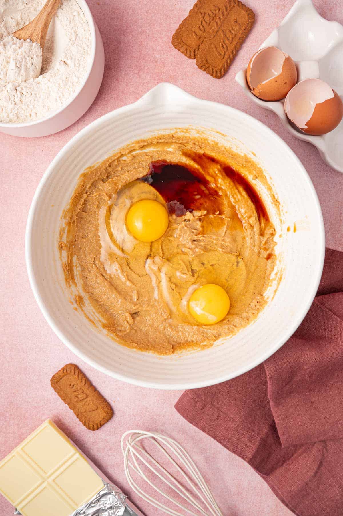 Eggs being added to the biscoff blondies mixture.