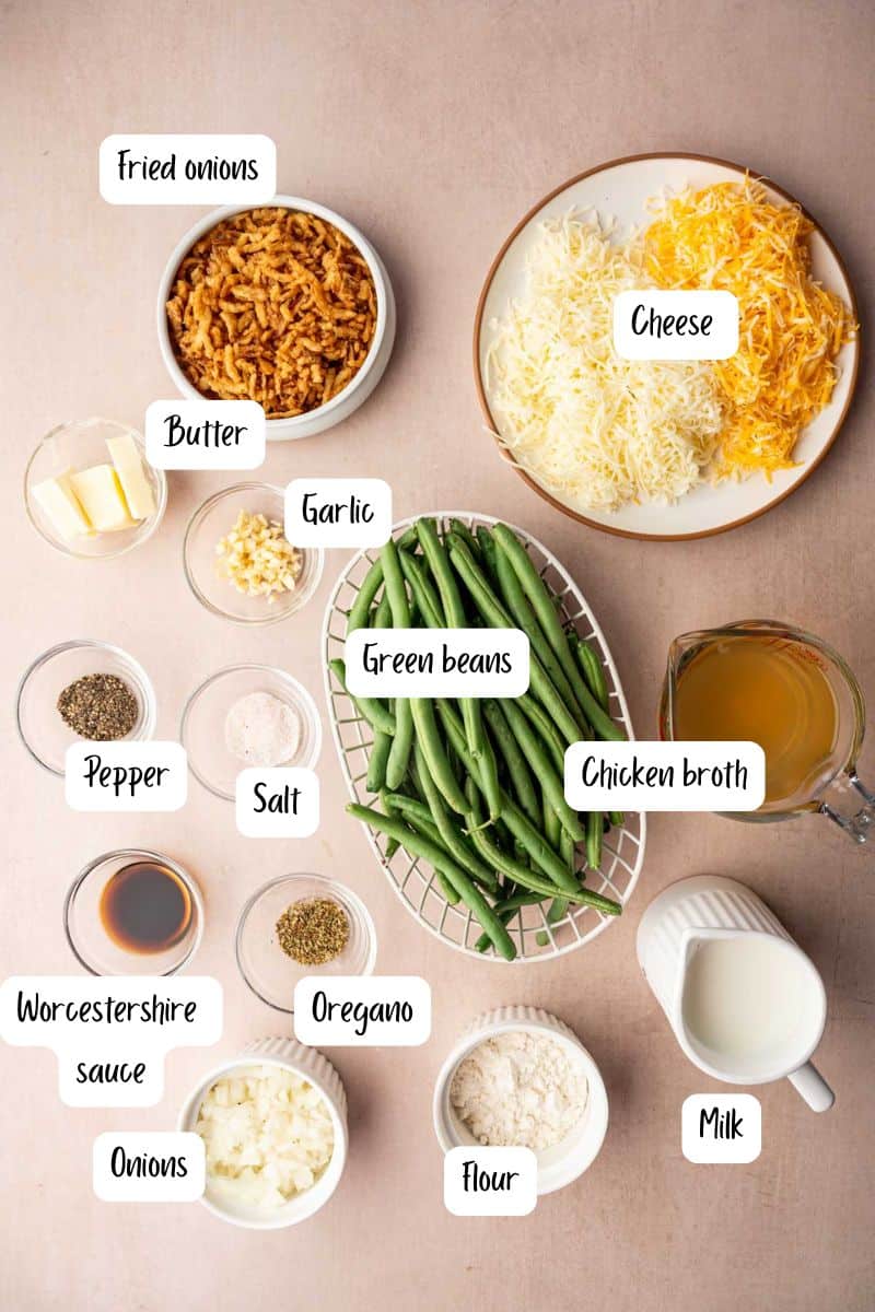 Ingredients laid out to make creamy cheesy green bean casserole 