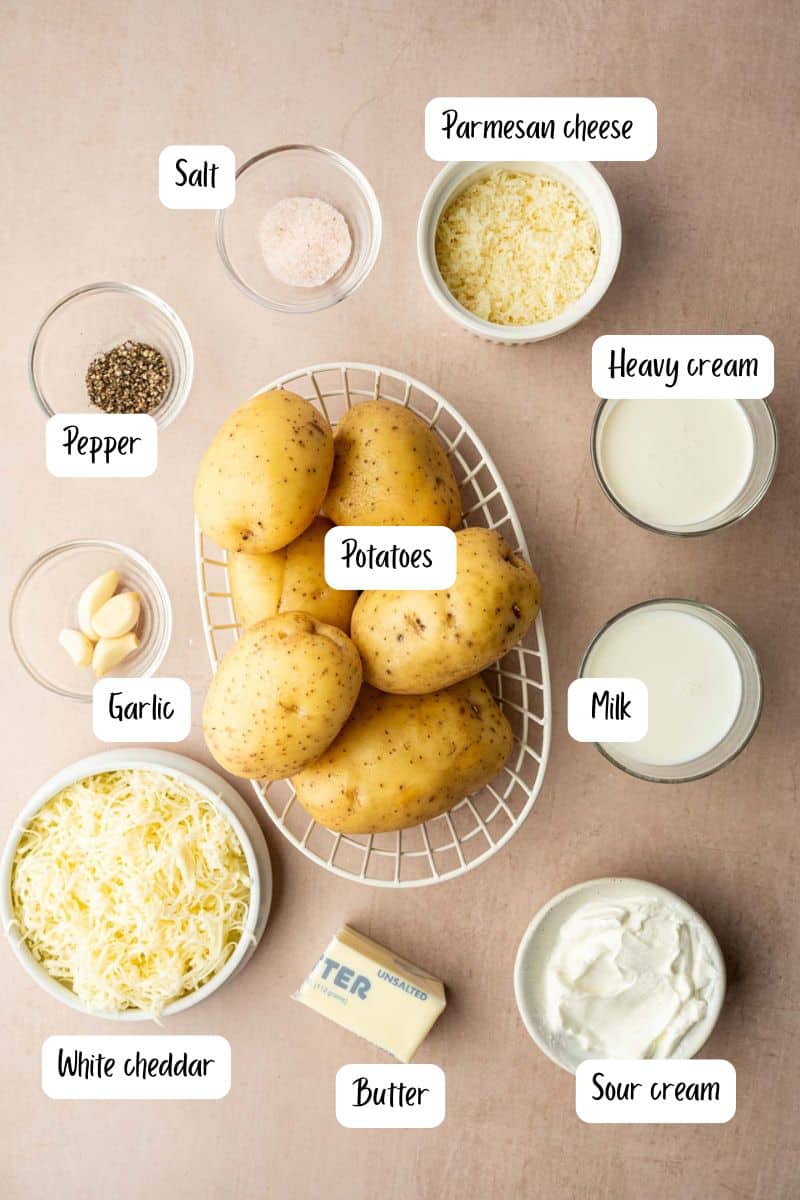 Ingredients laid out for making cheesy mashed potatoes.