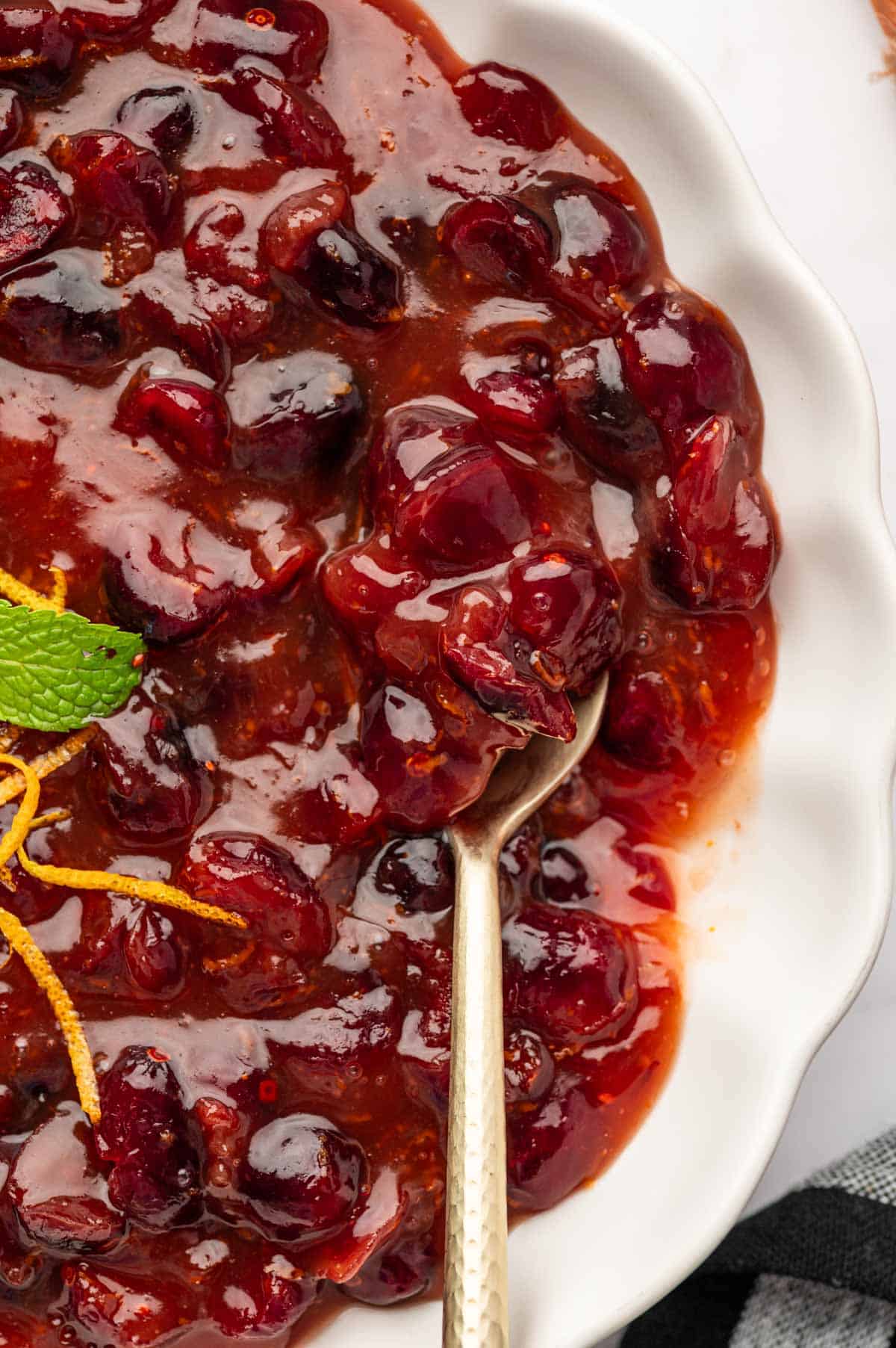 A spoon ready to scoop the Festive cranberry sauce with dried cranberries.