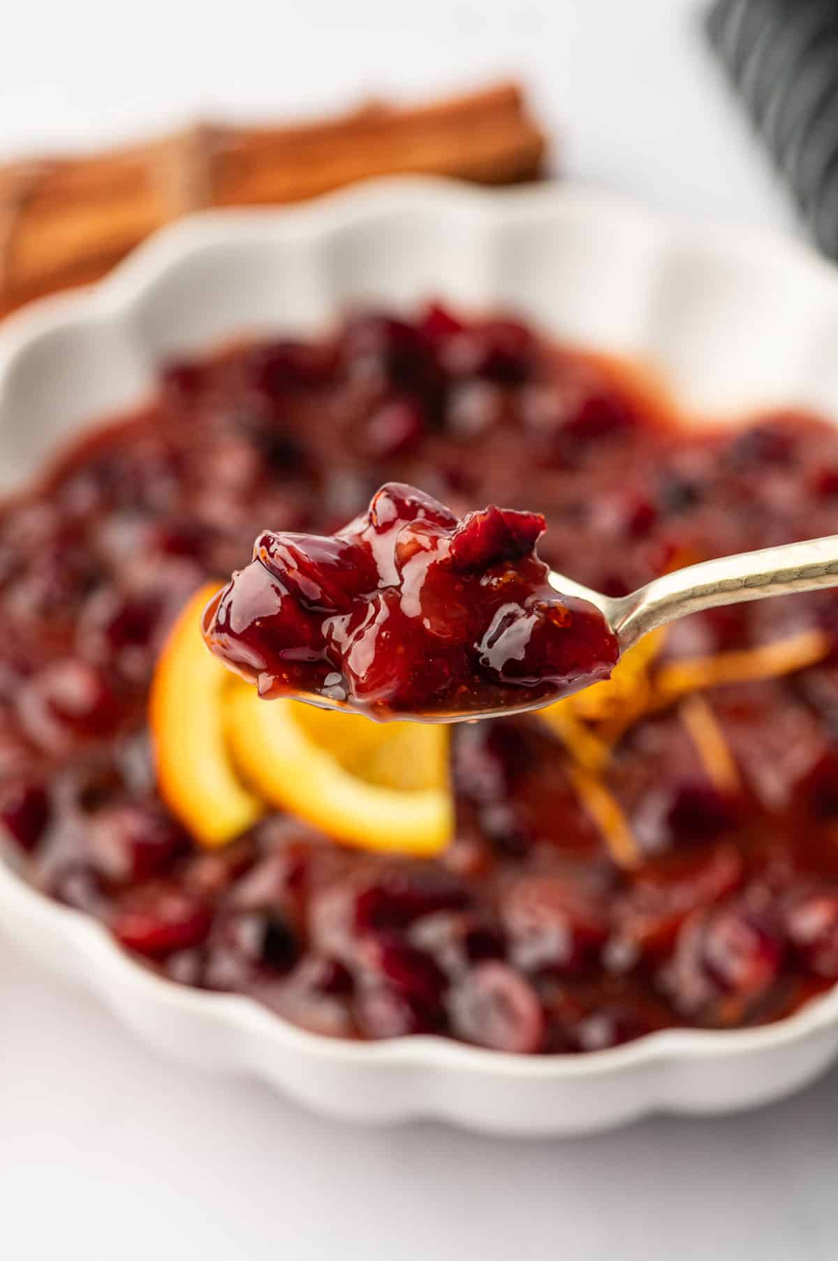 Sweet and tangy cranberry sauce with a smooth texture in a spoon, garnished with fresh herbs on a holiday table.