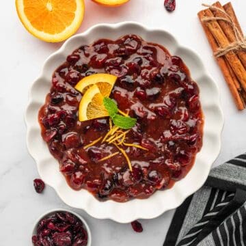 Festive cranberry sauce with dried cranberries, ideal for Christmas dinner or any holiday meal.