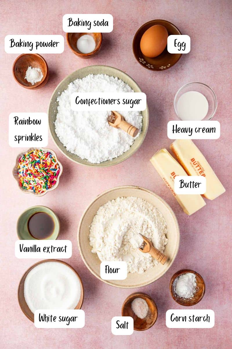 Overhead of ingredients for funfetti birthday cake cookies and frosting