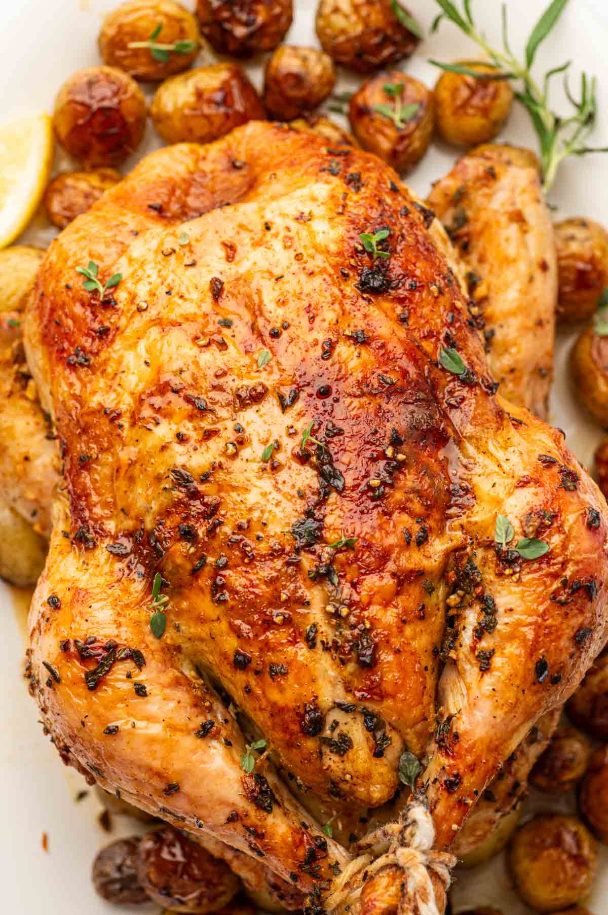 Juicy roasted chicken with garlic-herb potatoes, a simple one-pan dinner from the oven.
