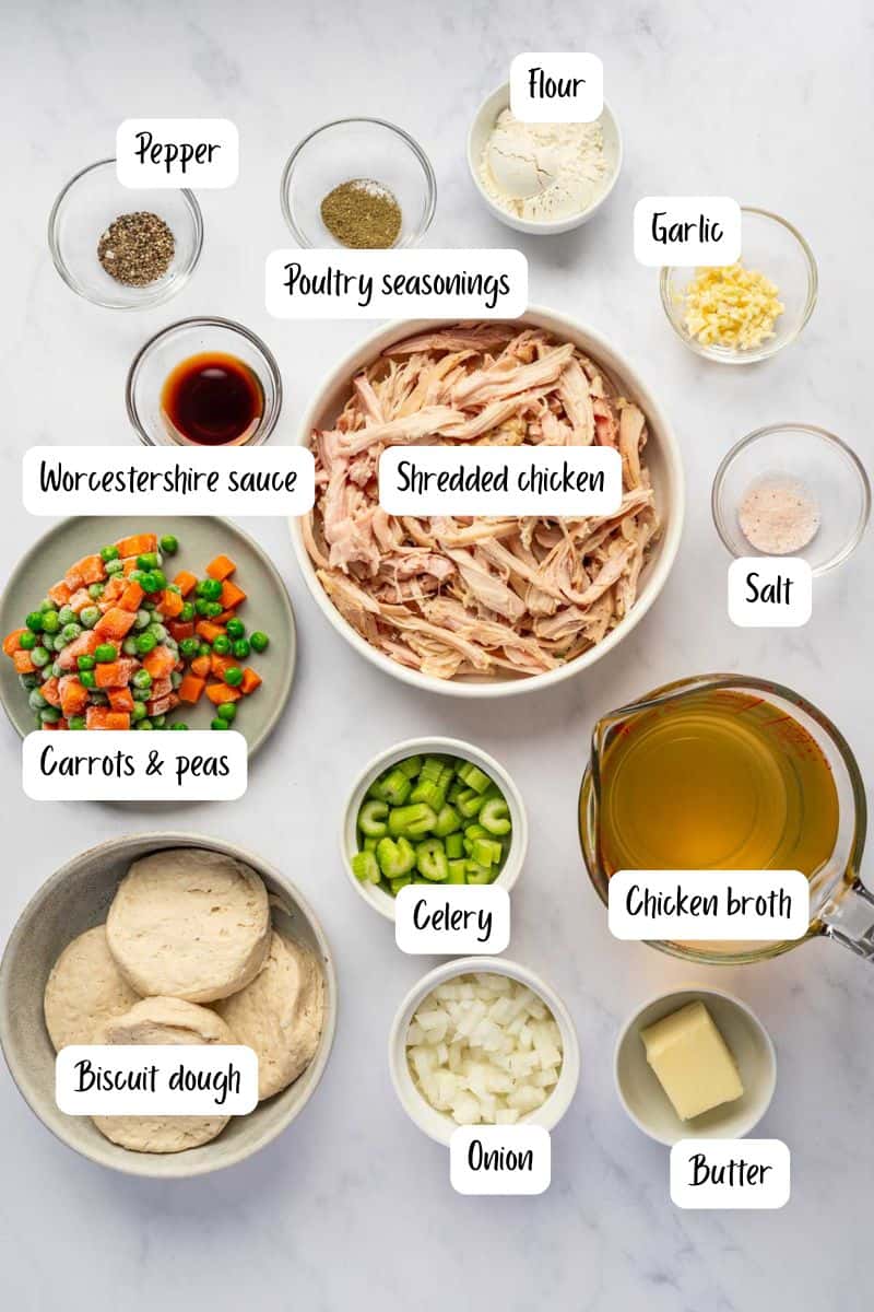 Ingredients laid out for chicken and dumpling casserole.