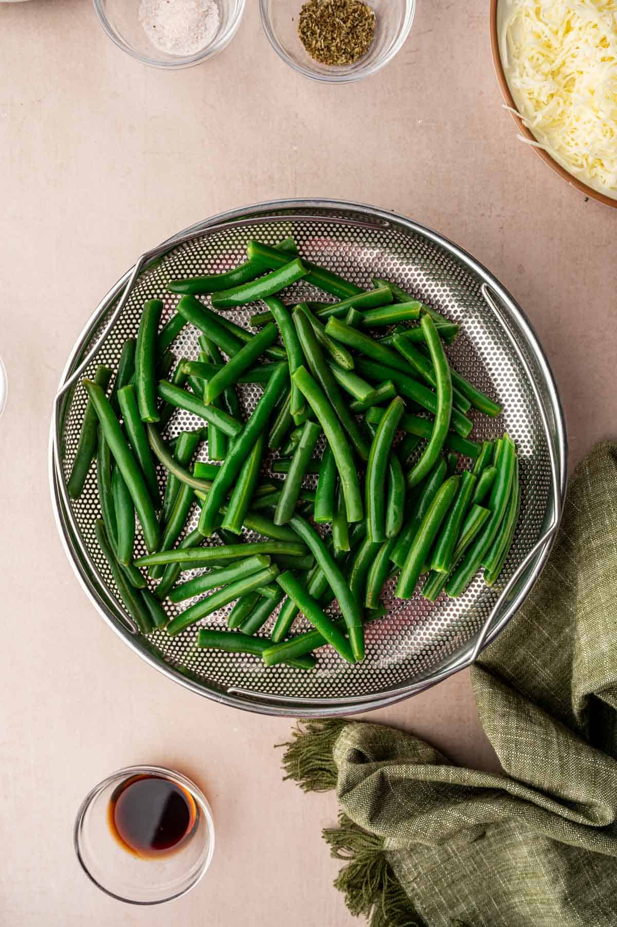 Blanched green beans ready to assemble for making casserole.