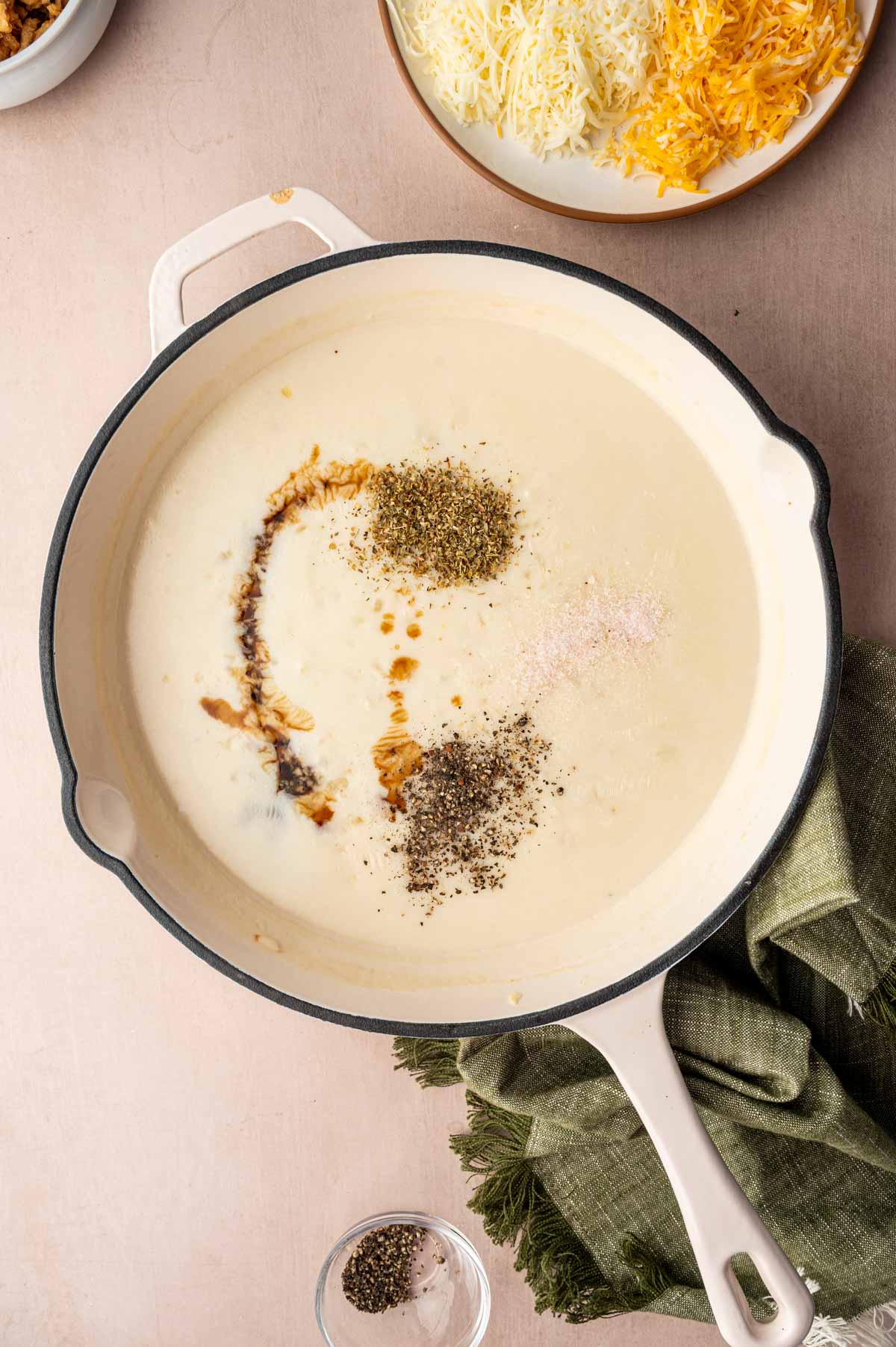 The cheesy sauce is getting ready for green bean casserole.