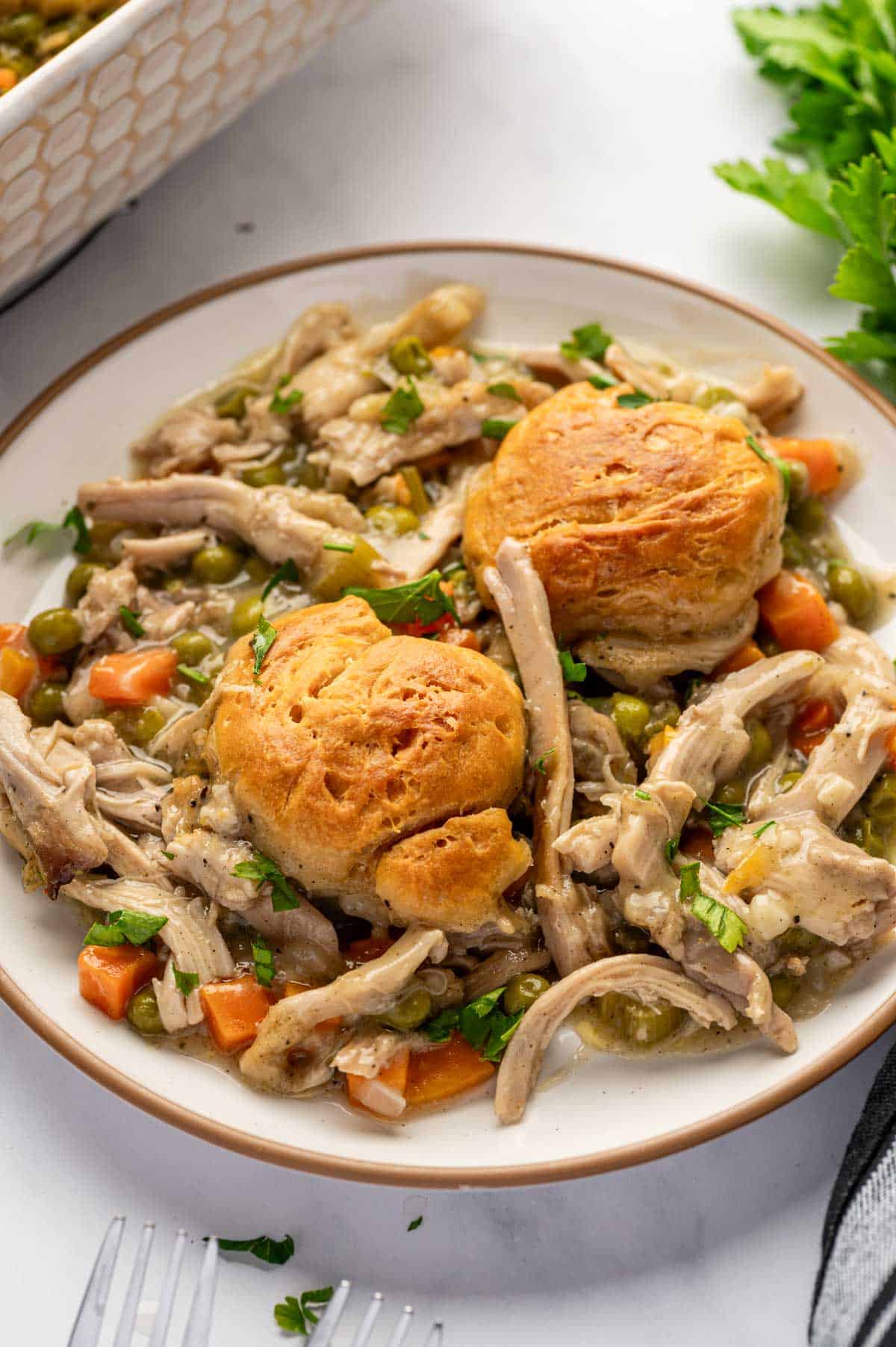 Serving creamy chicken and dumpling casserole with vegetables and biscuit dumplings.