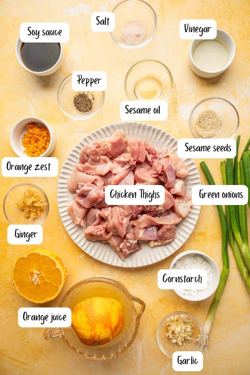 Ingredients laid out for Orange chicken and rice.