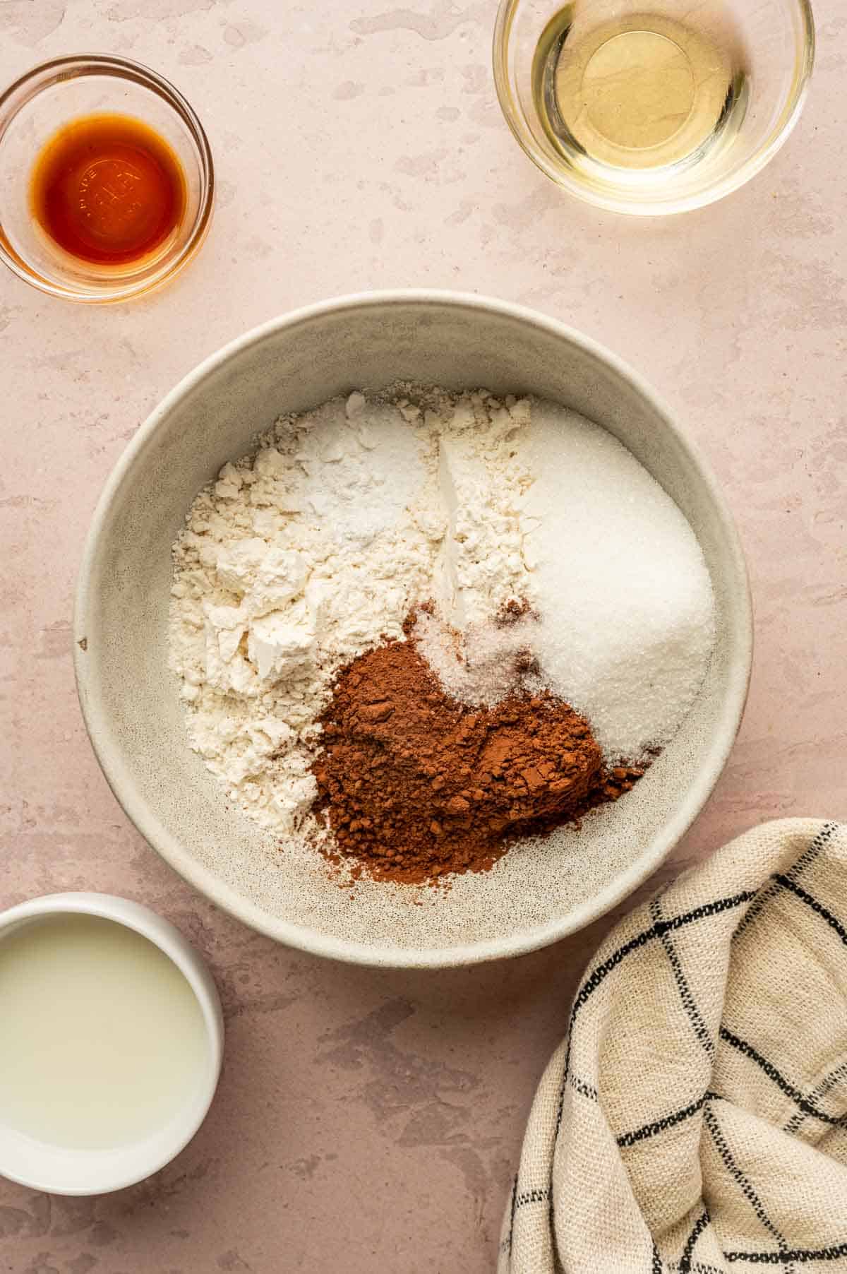 Dry ingredients whisked for Nutella mug cake recipe in a small bowl