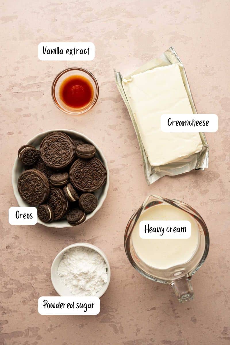Ingredients for Oreo mousse dessert with Oreos and whipped cream