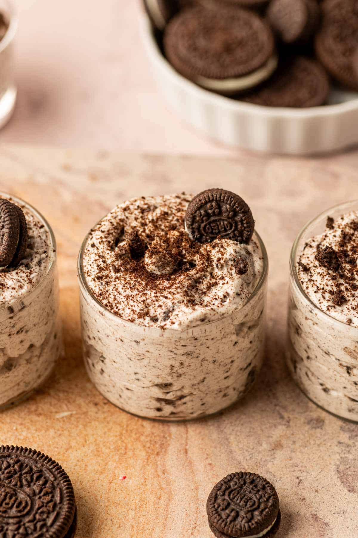 No-bake Oreo cookies and cream mousse served in dessert cups.