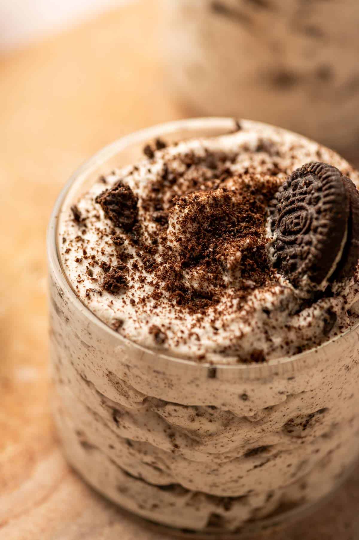 Close-up of creamy Oreo mousse with crushed cookie pieces
