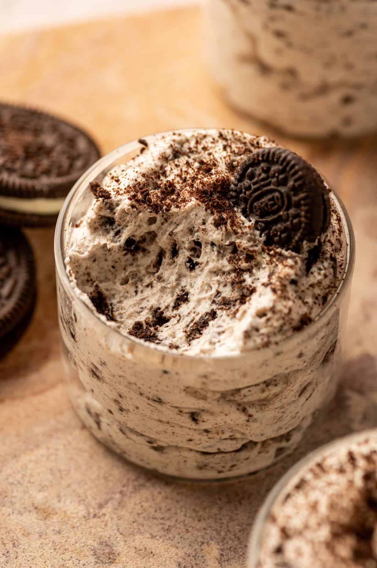 Inner shot of thick and airy Oreo mousse with Oreo crumbs on top