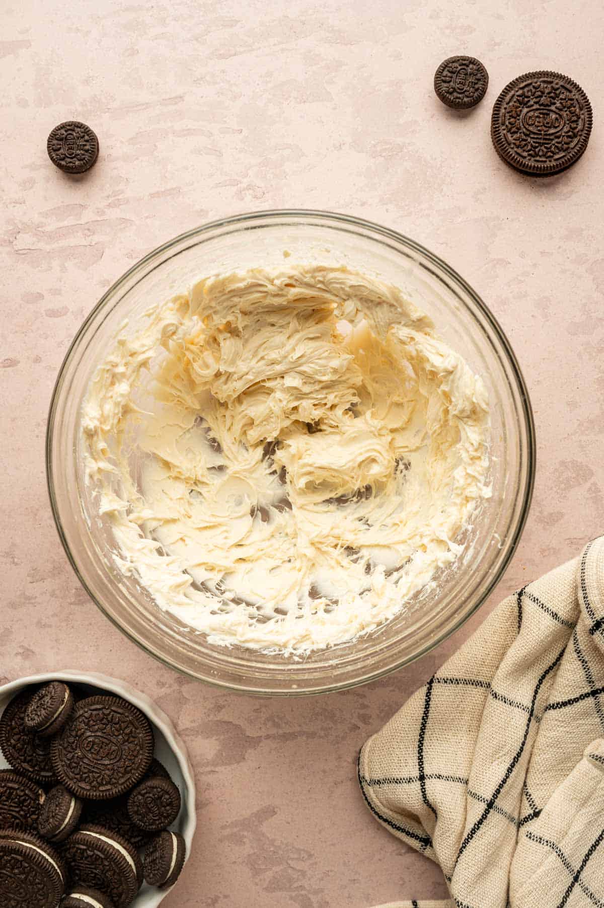 Whipped cream cheese mixture in a glass bowl.