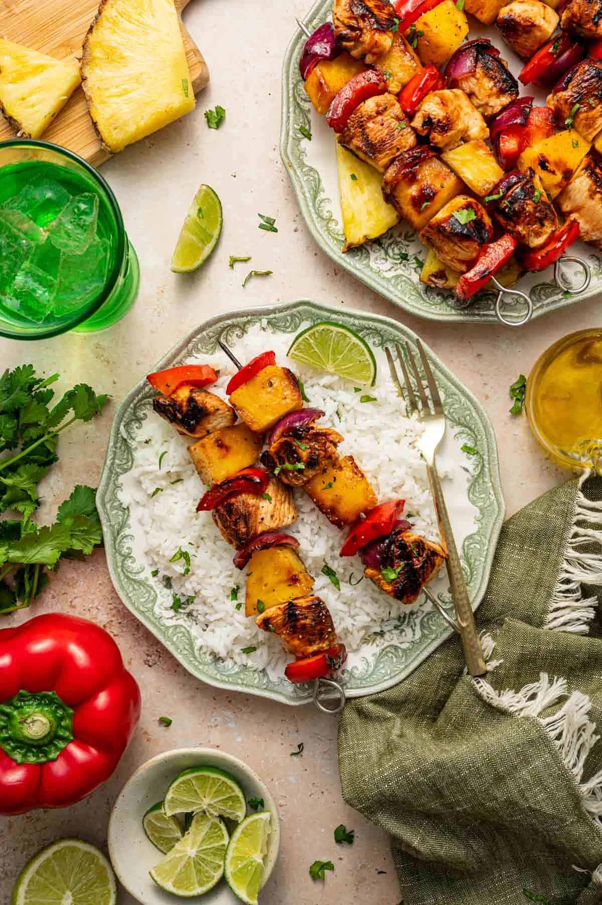 Pineapple chicken kabobs fresh off the grill with smoky char