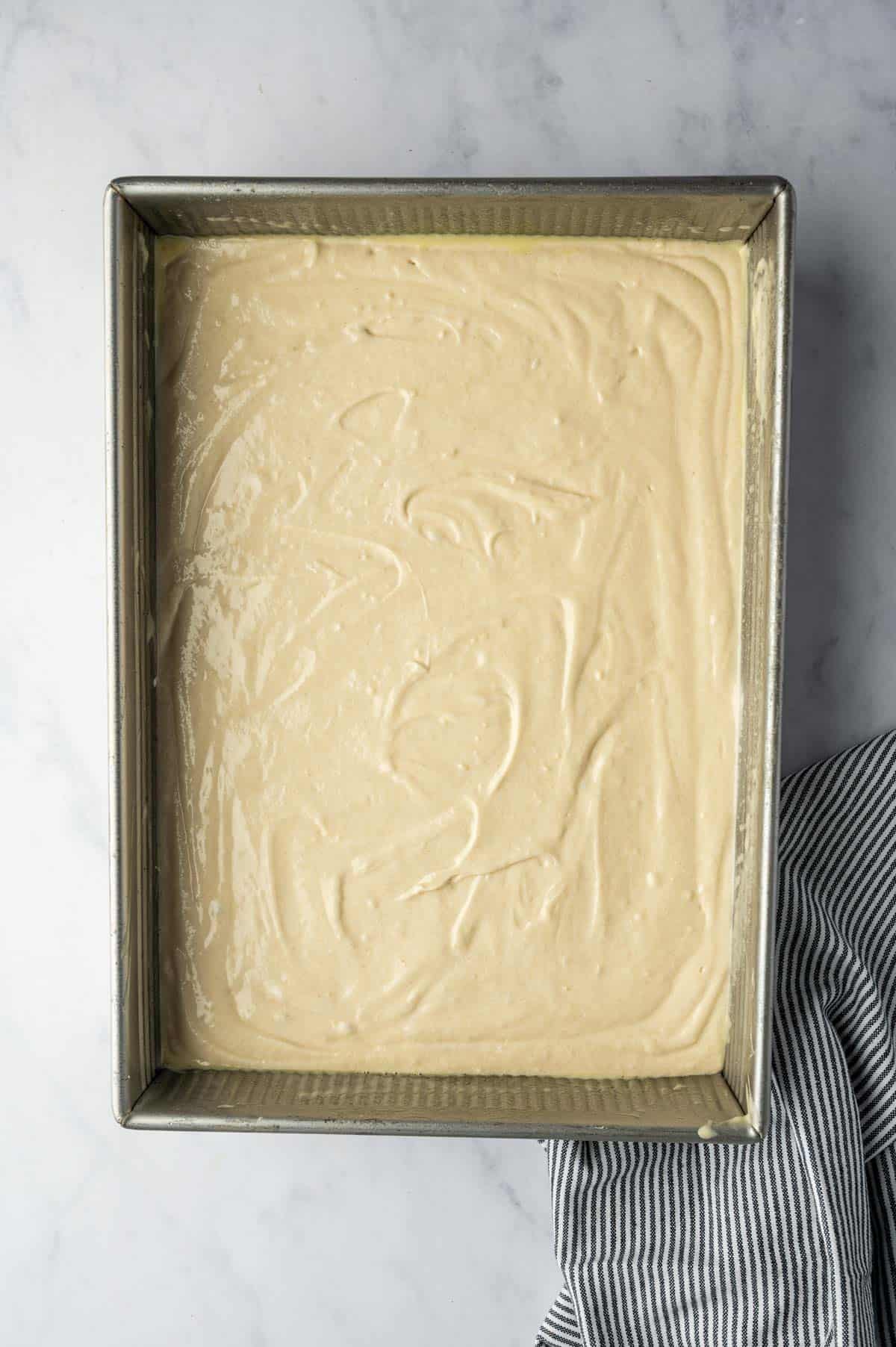 Vanilla sheet pan cake is ready to bake.