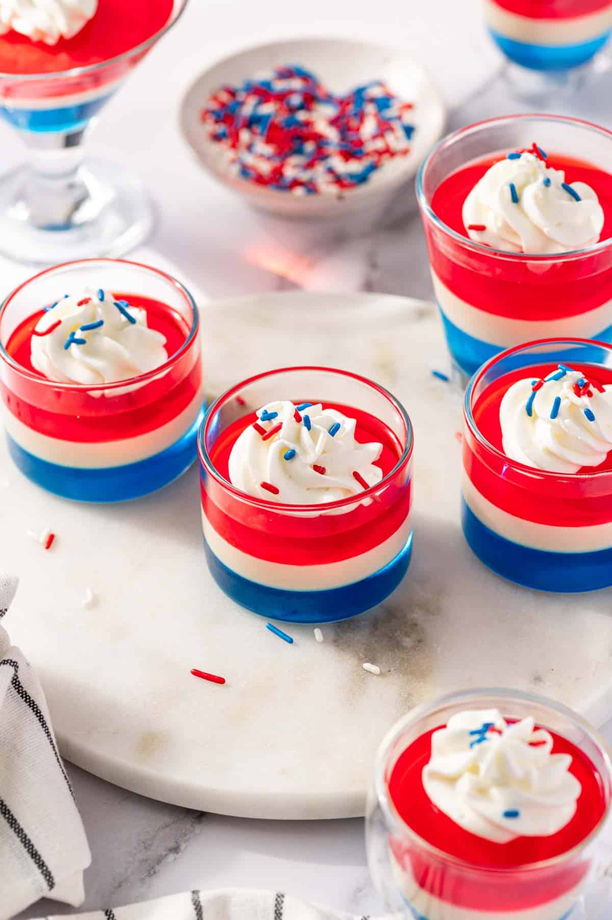Homemade red white and blue Jello shots chilled and ready to serve