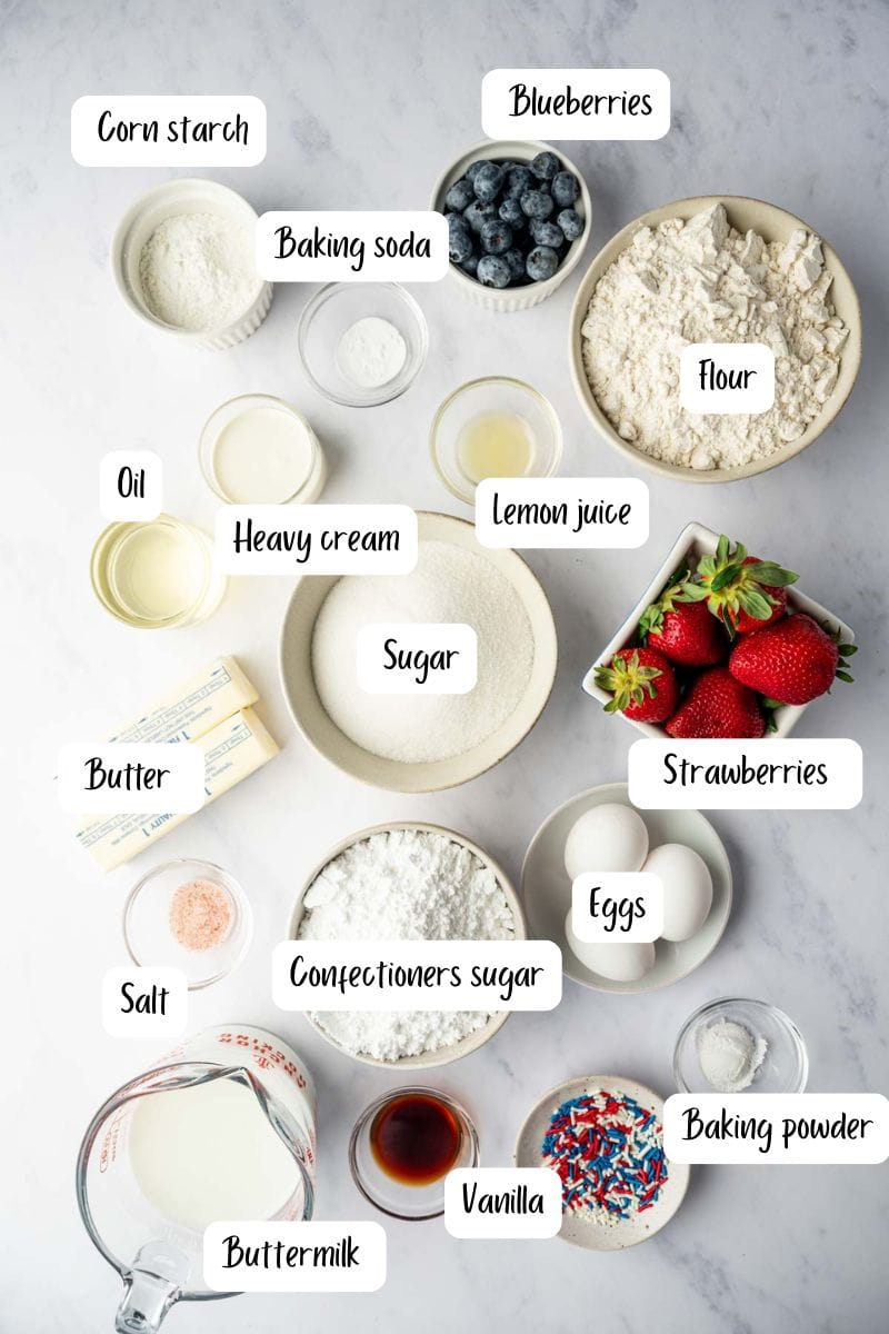 Ingredients needed for making Memorial Day patriotic dessert flag cake with berry flag design