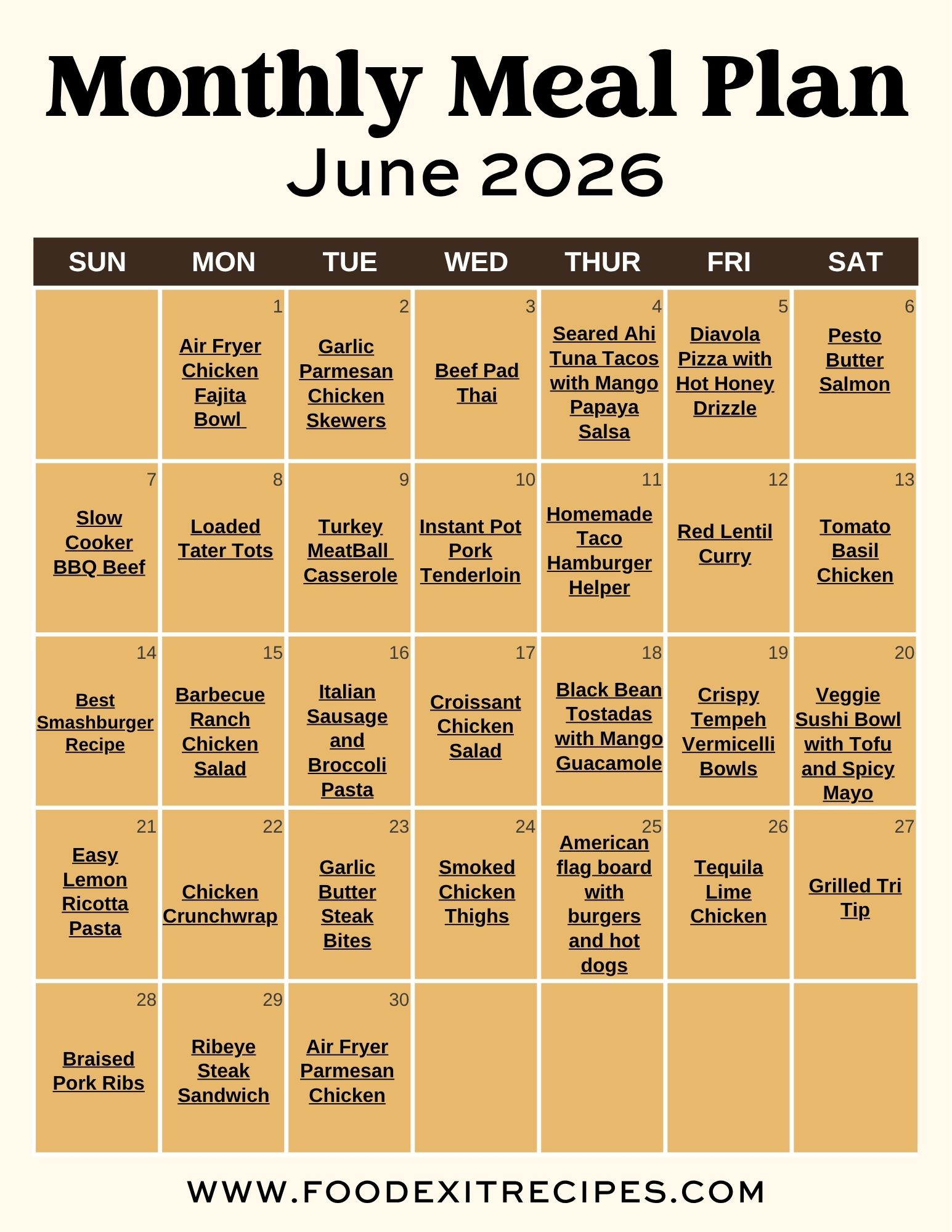 Monthy meal plan for june 2026 recipes, 30 unique dinner ideas