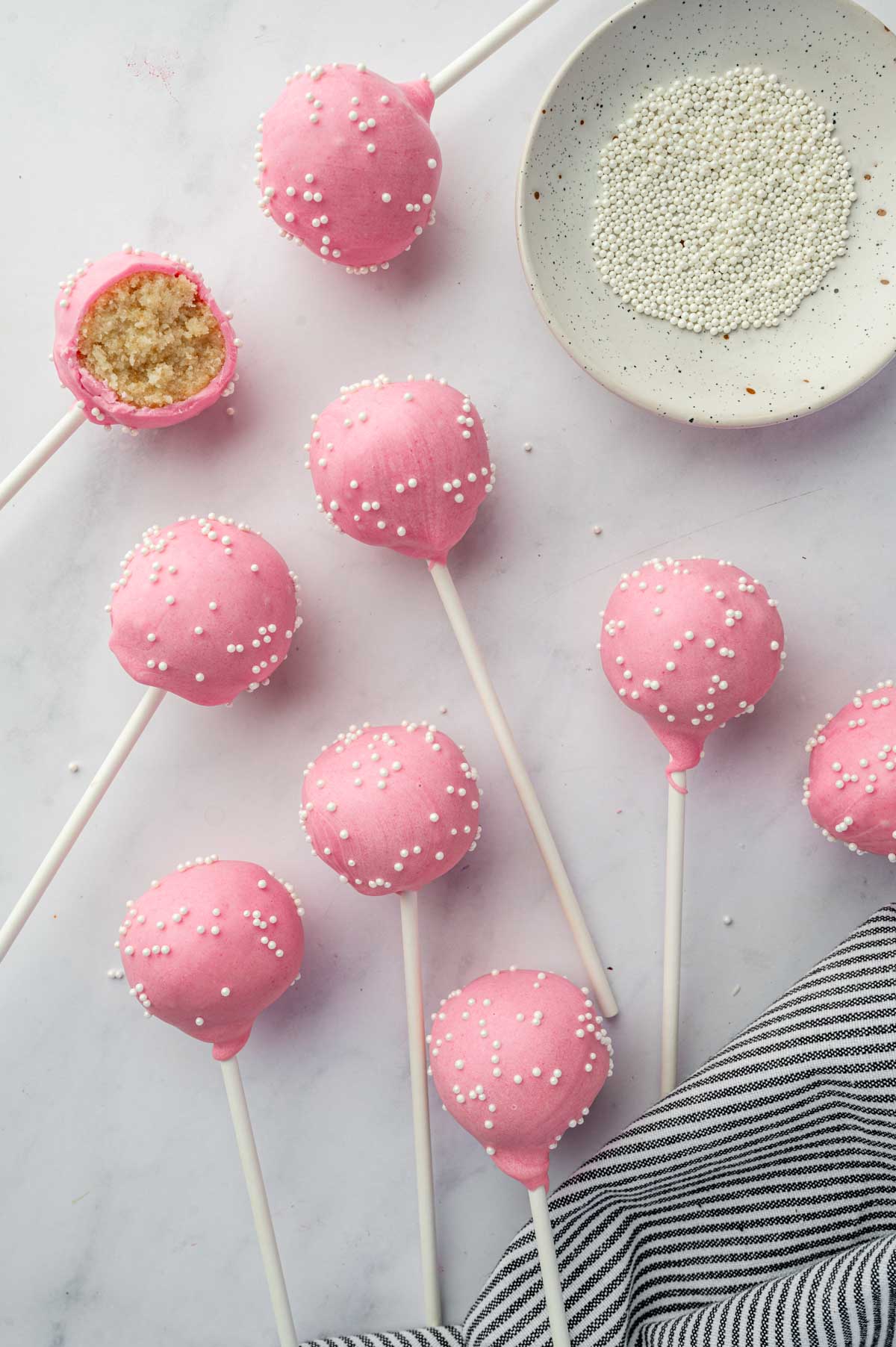 Easy Starbucks copycat birthday cake pops with moist vanilla cake center