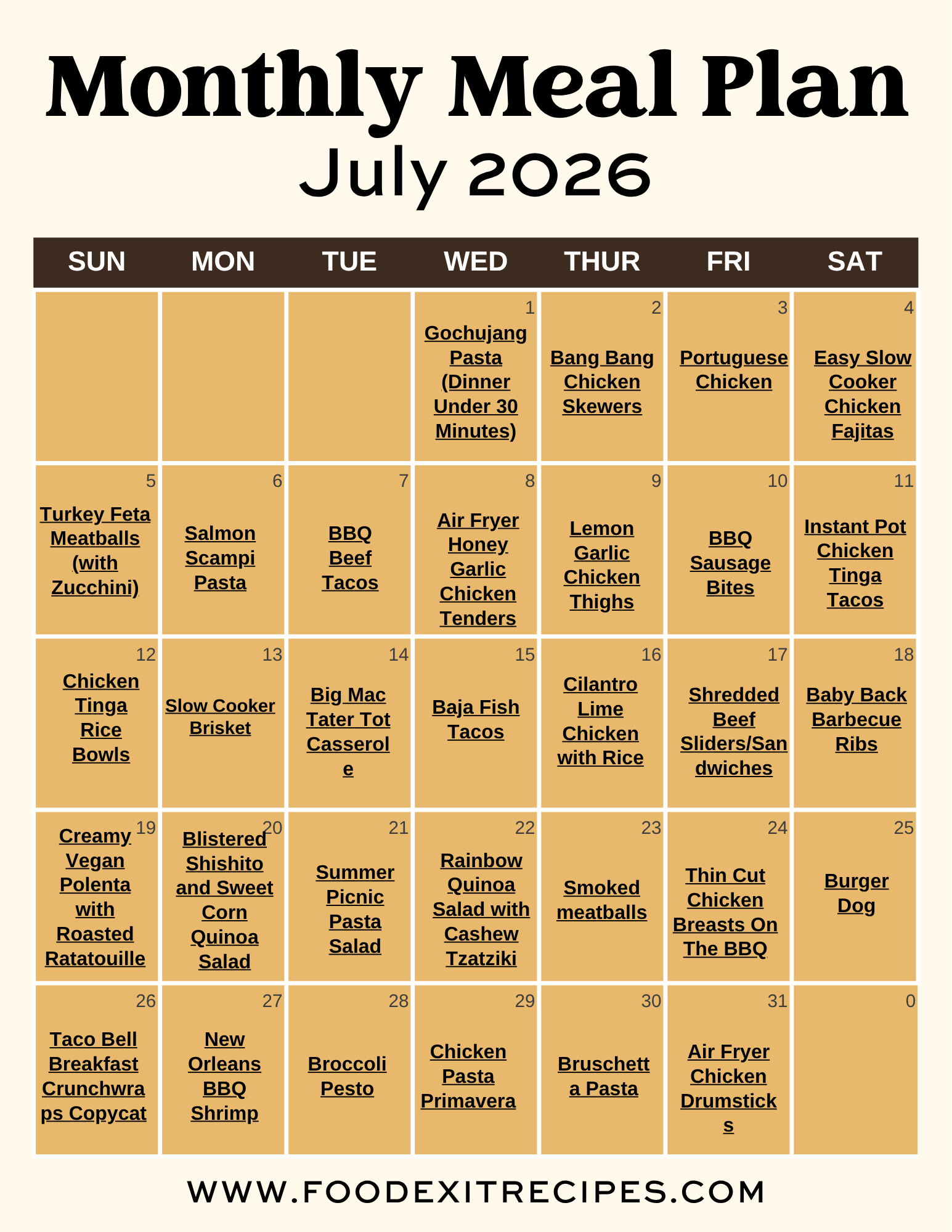 July meal planning calendar with simple dinner recipes for busy summer weeks