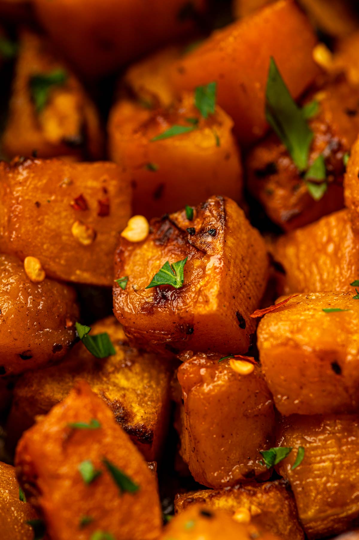 Close-up of Air Fryer Butternut Squash with caramelized maple cinnamon glaze.